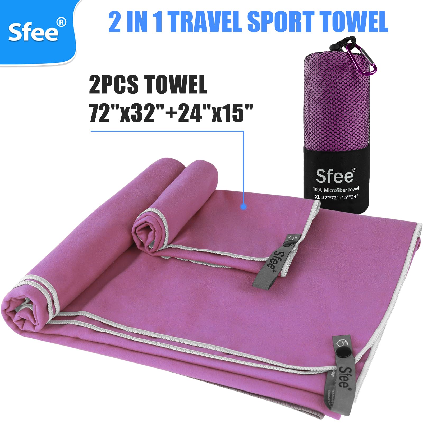 Sfee 2 Pack Microfiber Travel Towel  Quick Dry Towel Camping Towel Large Beach Towel Super Absorbent Compact Lightweight Sports Towel Gym Towel Set for Beach  Gym  Hiking  Pool  Backpacking Bath Yoga