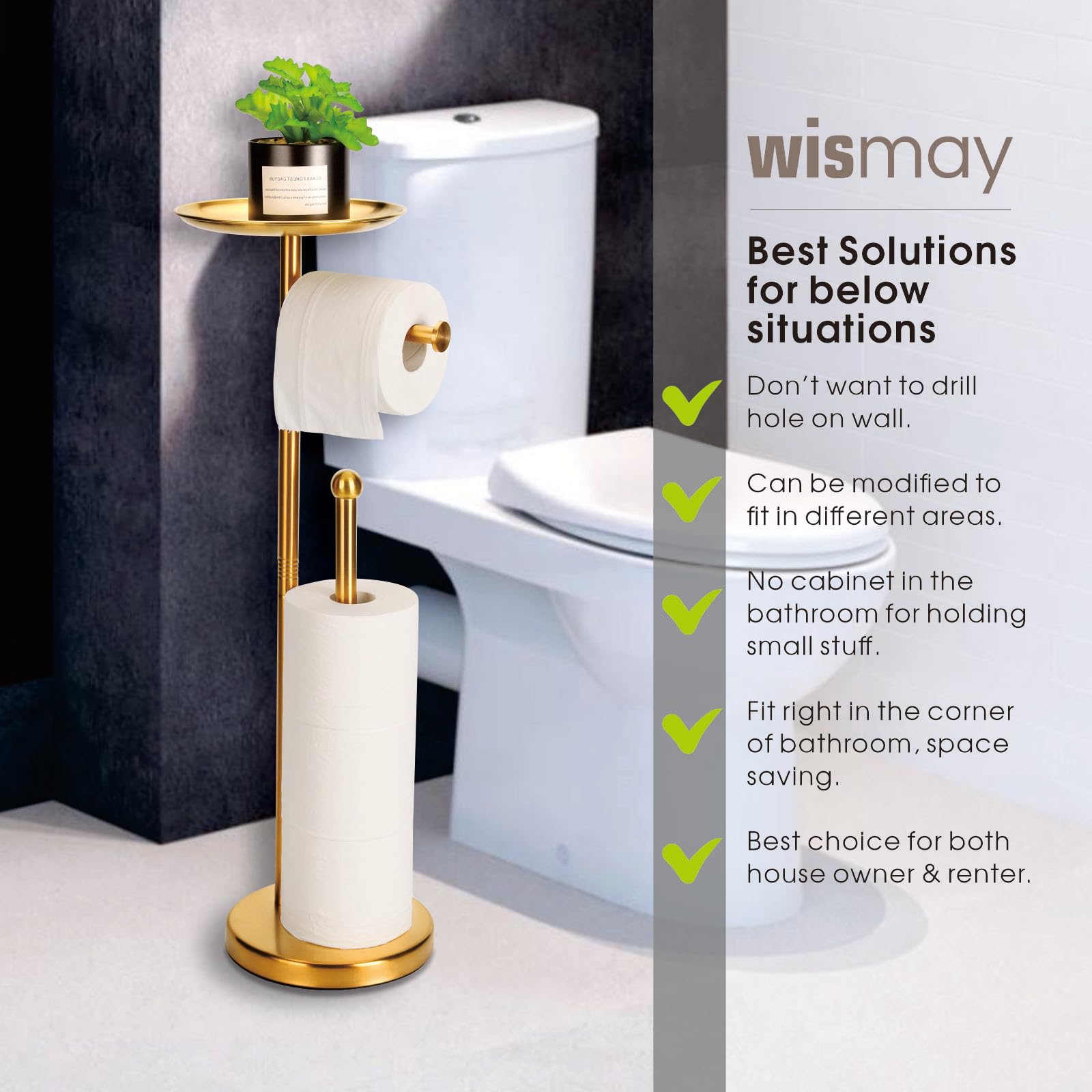Standing Toilet Paper Holder Gold, Tp Holder With 6.7'' Phone Shelf, Holds 5 Rolls, Stainless Steel (Gold)