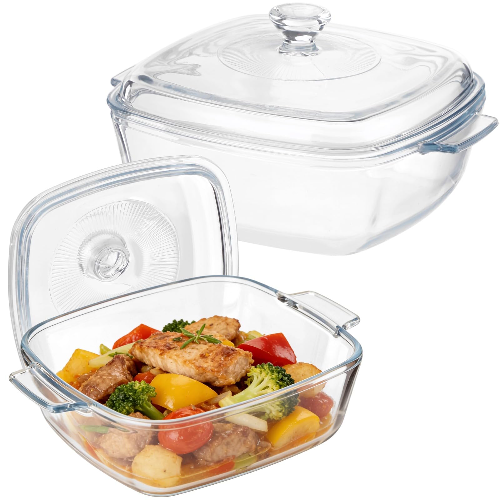 2 PCS Glass Casserole Dish with Lid Set, 0.85/1.6 QT Glass Baking Dishes, Oven Microwave Safe Covered Cookware with Handles for 