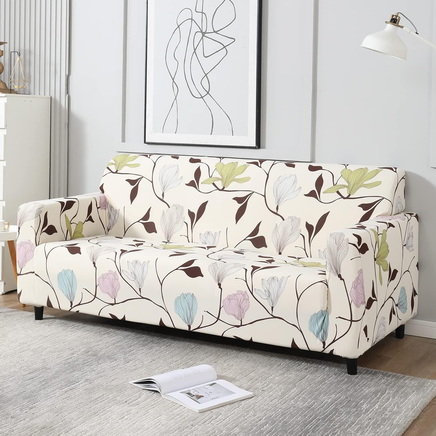 Hokipo Elastic Stretchable Universal Sofa Cover 3 Seater, Beige Brown Leaves (NewAr4095D20)