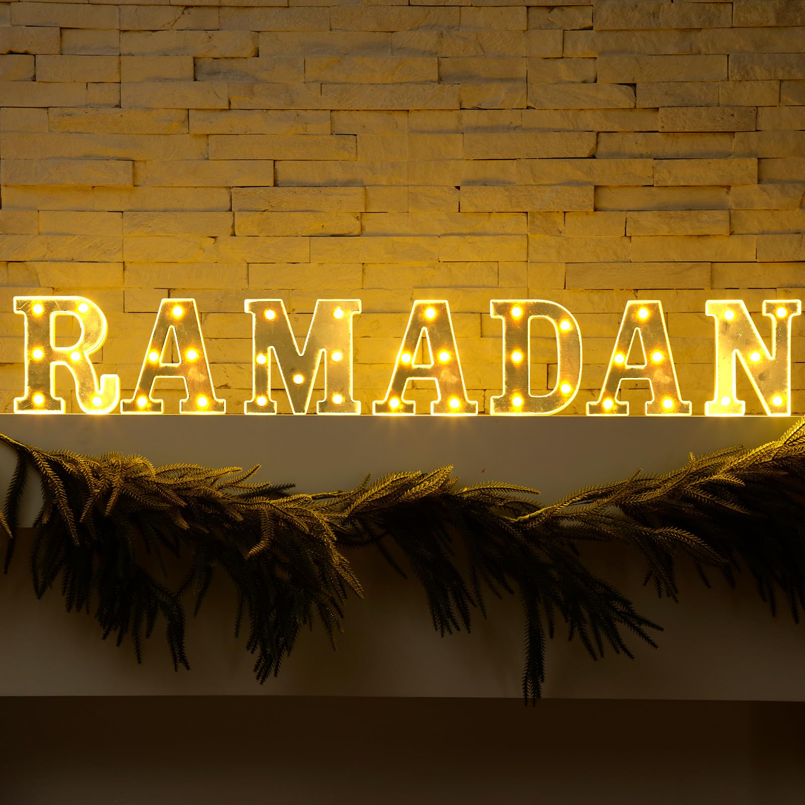 7 Pieces Large Ramadan LED Letter Lights Sign Ramadan Eid LED Marquee Lights Table Decoration for Eid Home Party Gift Tabletop D