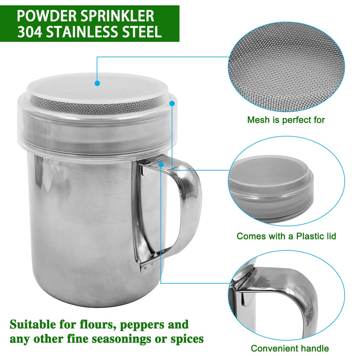 Powdered Sugar Shaker Duster With Handle, Senhai 2Pcs Stainless Steel Powder Shakers For Sugar Pepper Cinnamon Powder Flour With