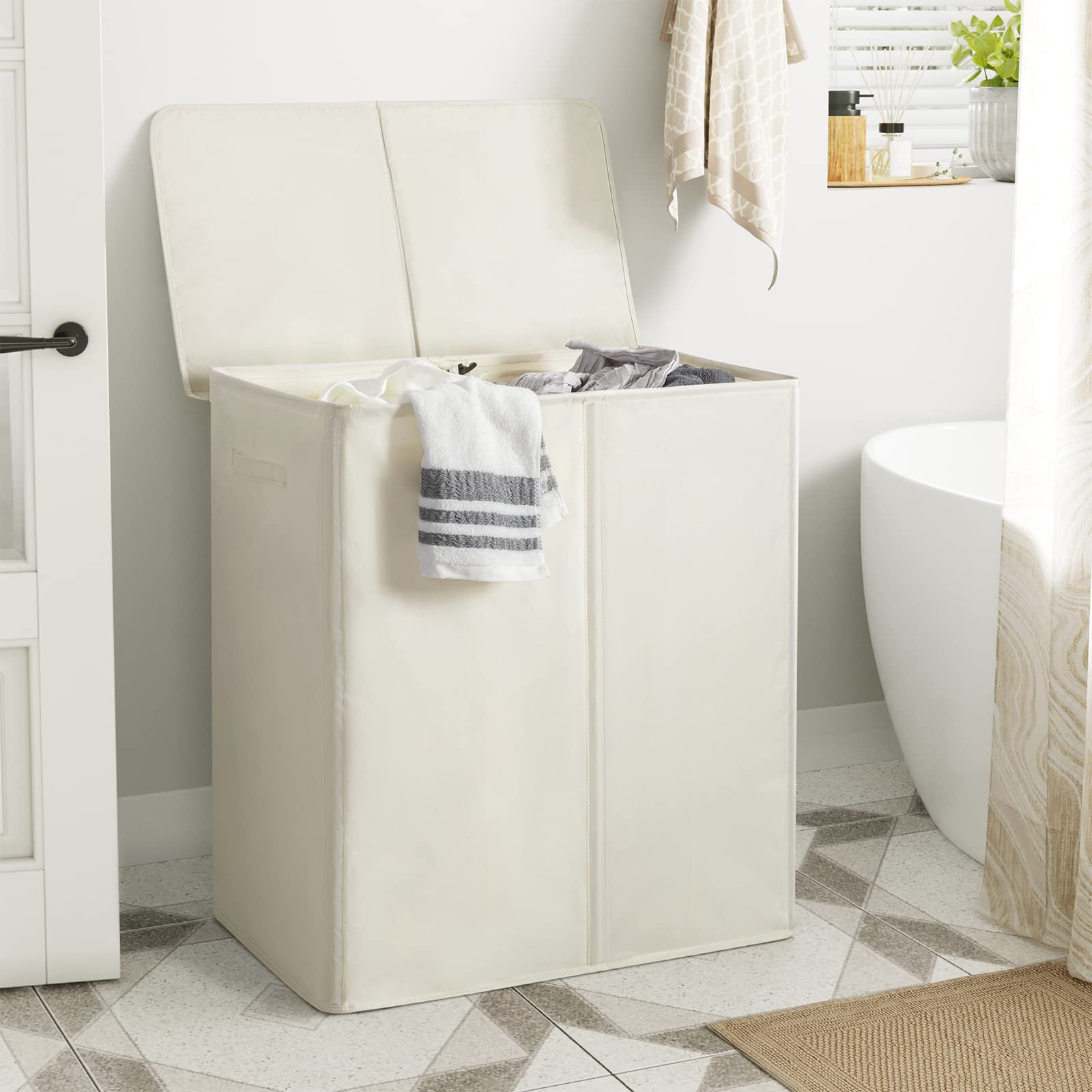 Wowlive 154L Double Laundry Hamper With Lid And Removable Laundry Bags, Large Dirty Clothes Hamper 2 Section Collapsible Laundry