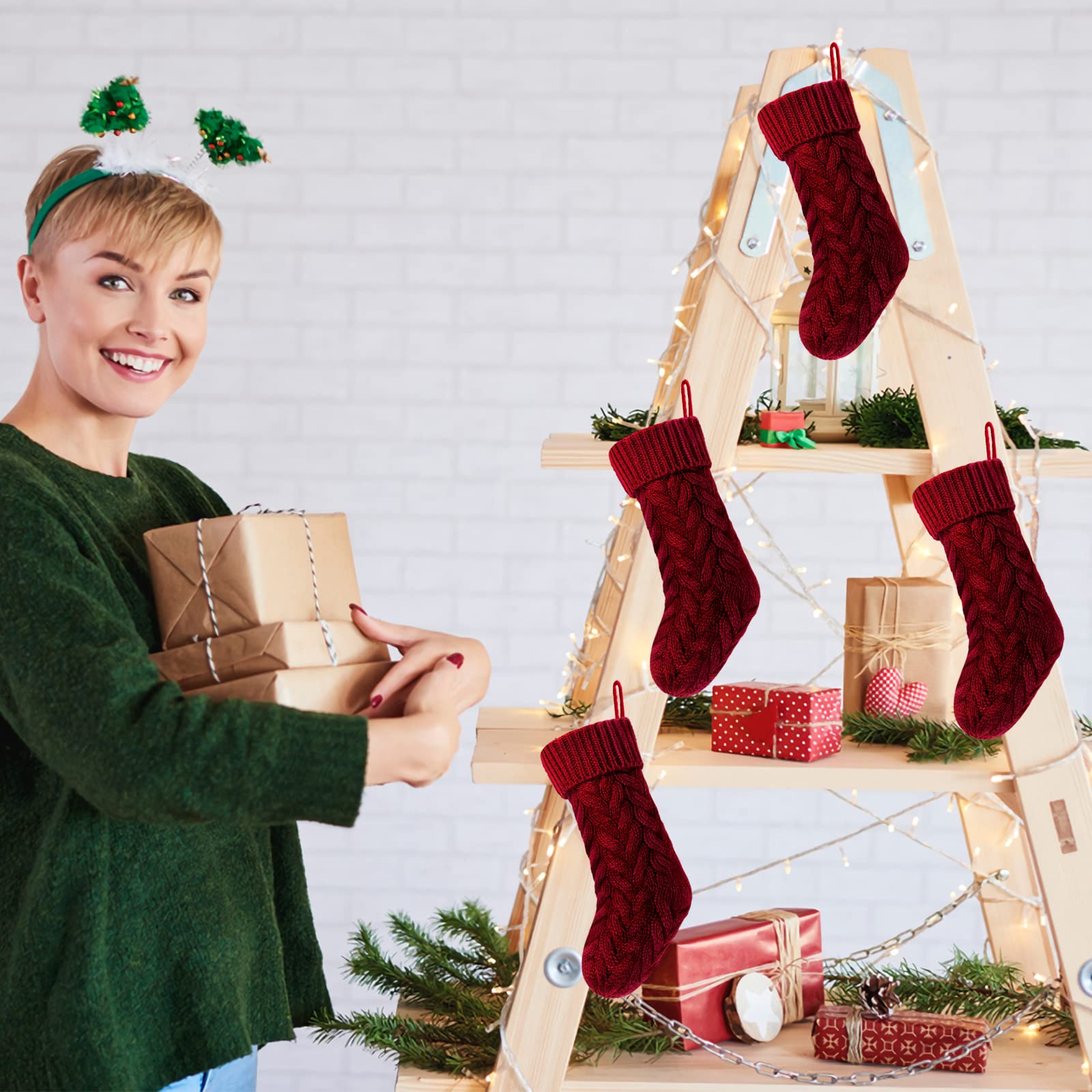 Kunyida Pack 6,18 Unique Burgundy Knit Christmas Stockings Style3