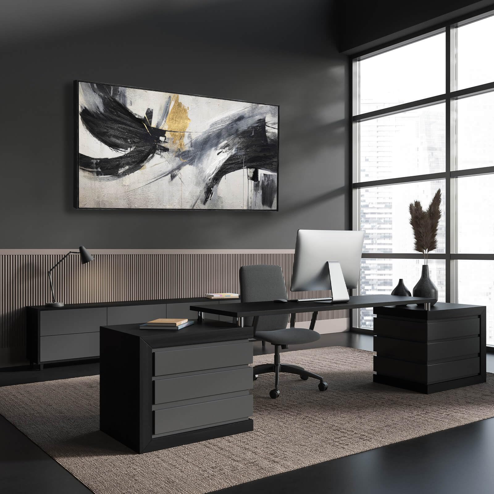 Black White Decor Abstract Lines Picture Framed Wall Art Large Wall Decorations Neutral Room Decor 24''X 48'' Painting