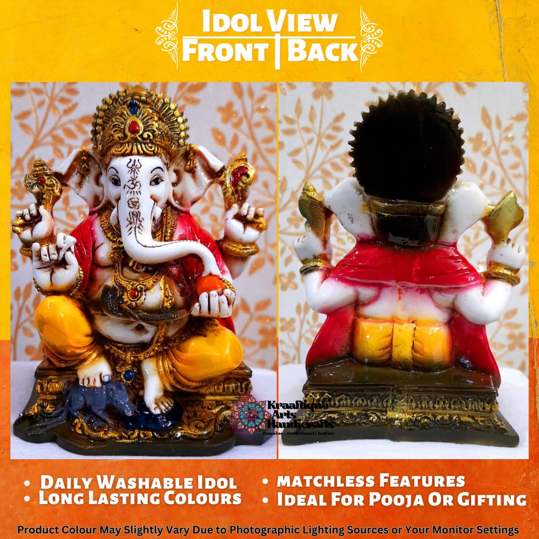 Kraaftique Ganpati Religious Statue Idol Ganesh Murti Home Decor For Puja Marble Dust Lord Ganesha 7 Inch Statue For Home Decor