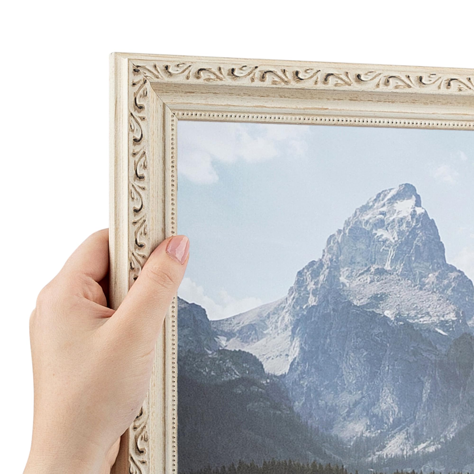 ArtToFrames 8x12 Inch White Picture Frame, This 1.25 Custom Wood Poster Frame is Old White Wash with Bead, for Your Art or Photo
