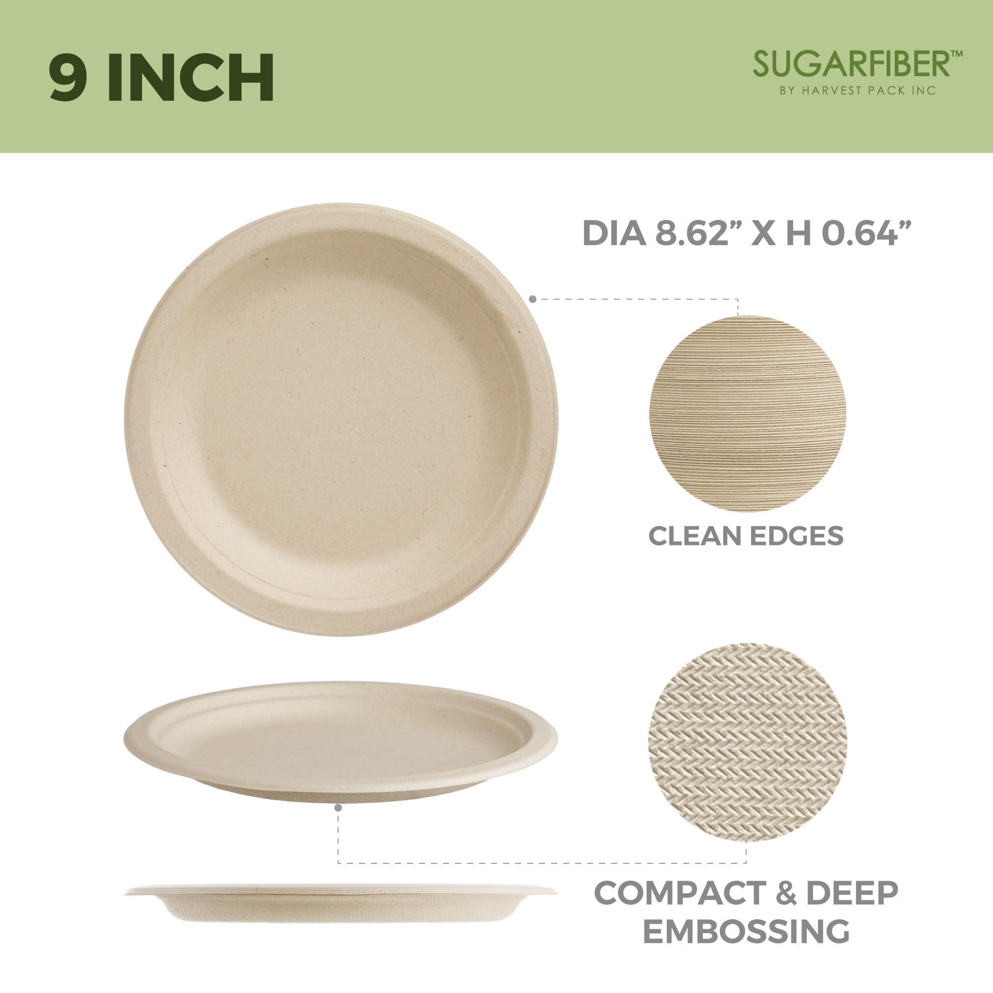[100 Count]Sugarfiber By Harvest Pack 9-Inch Round Disposable Compostable Paper Plates, Heavy-Duty Natural Bagasse Biodegradable