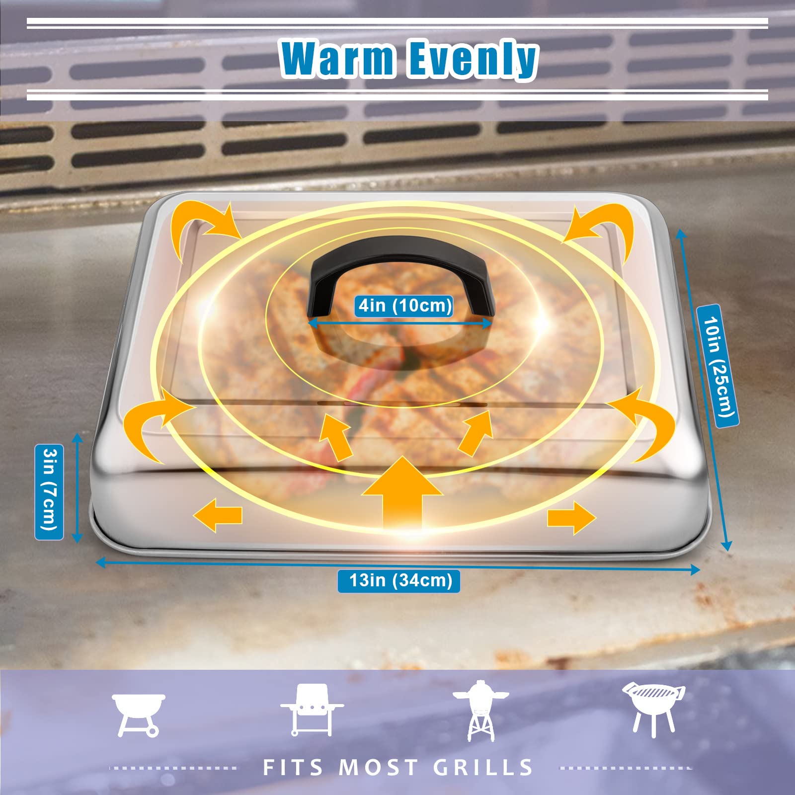 2Pcs Rectangular Basting Cover, Hasteel Stainless Steel Cheese Melting Dome Steaming Cover Lid, Heavy Duty Griddle Grill Accesso