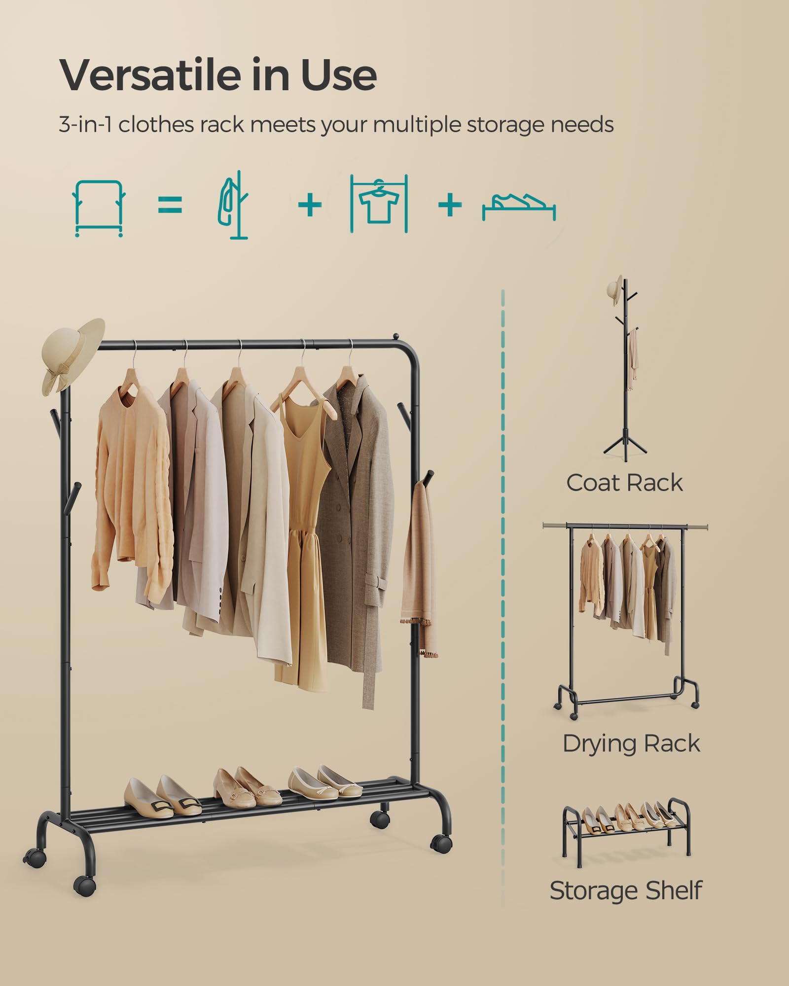 Songmics Clothes Rack, Clothing Rack For Hanging Clothes With Wheels, Heavy Duty Garment Rack, Metal Frame, 110 Lb Max. Total Lo