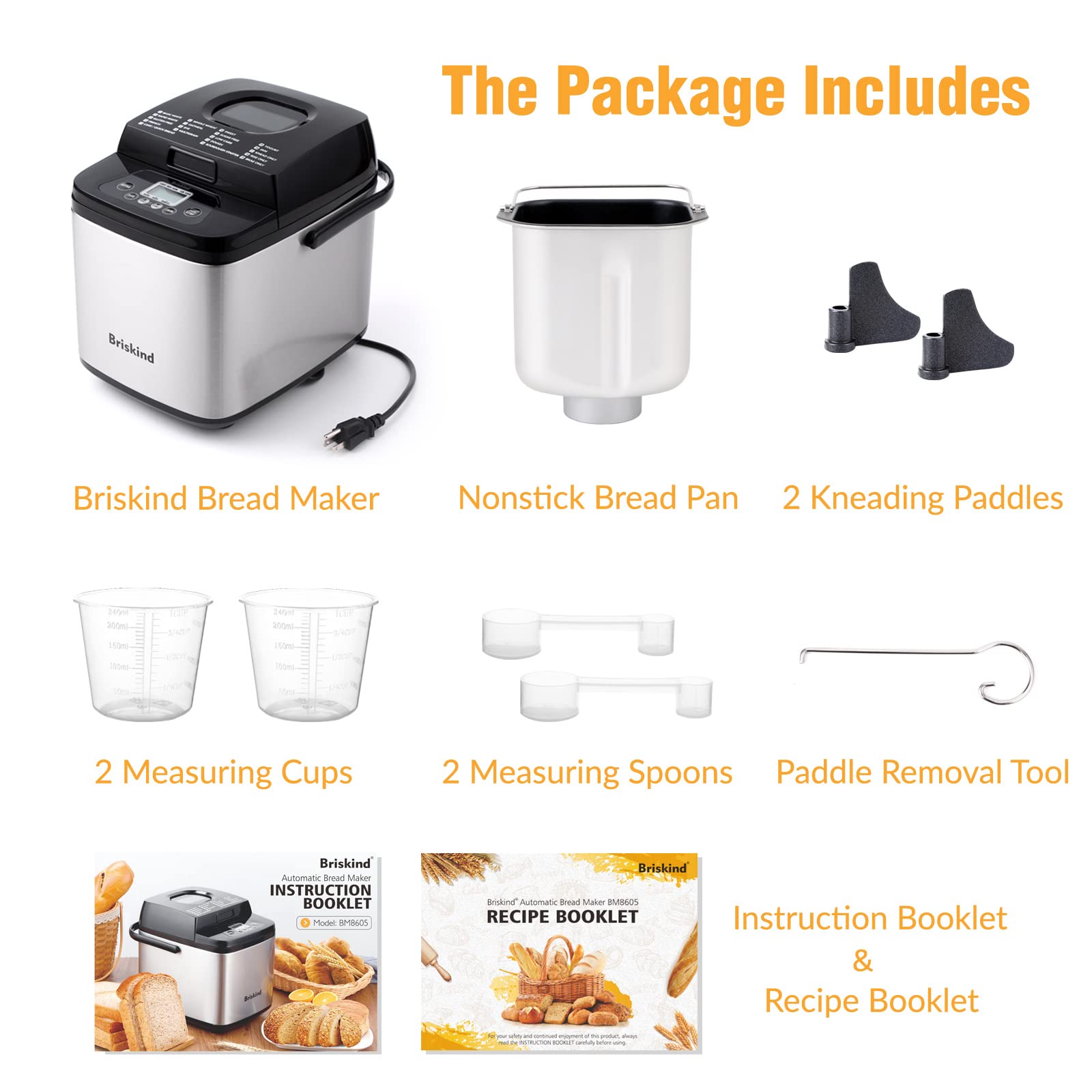 Briskind 19-in-1 Compact Bread Maker, 1.5 lb, Stainless Steel, Model BM8605, Gluten Free, Automatic Keep Warm, 3 Crust Colors