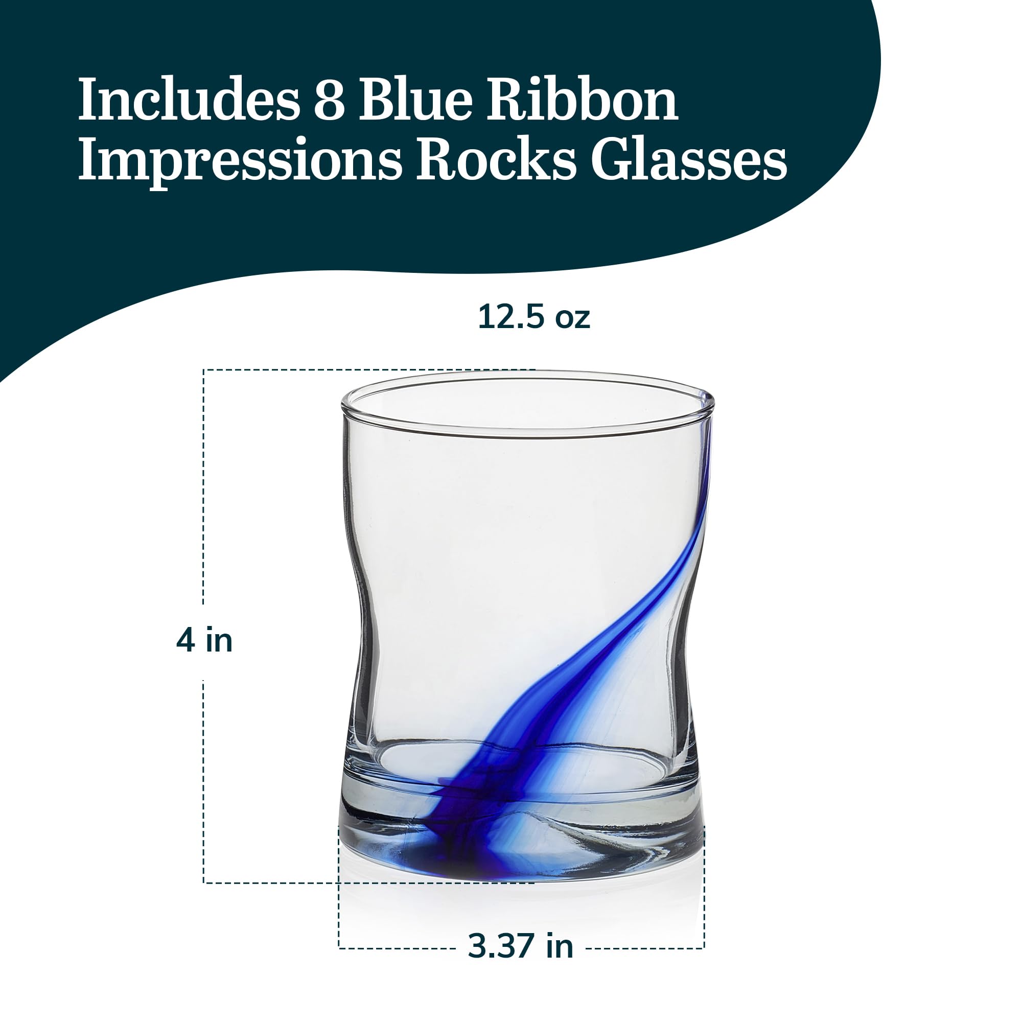 Libbey Blue Ribbon Impressions Rocks Glasses, 12.5-Ounce, Set Of 8