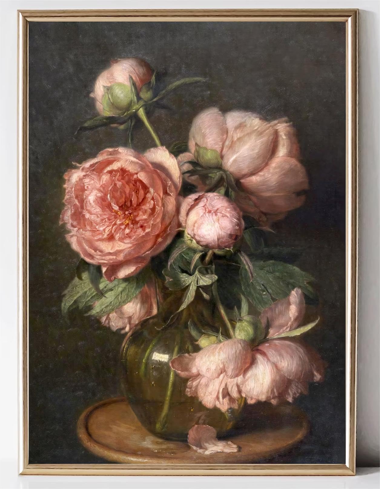 Kizbok Vintage Floral Wall Art, Vintage Wall Decor Retro Moody Floral Canvas Paintings, Classical Dark Pink Peonies Flower Vinta