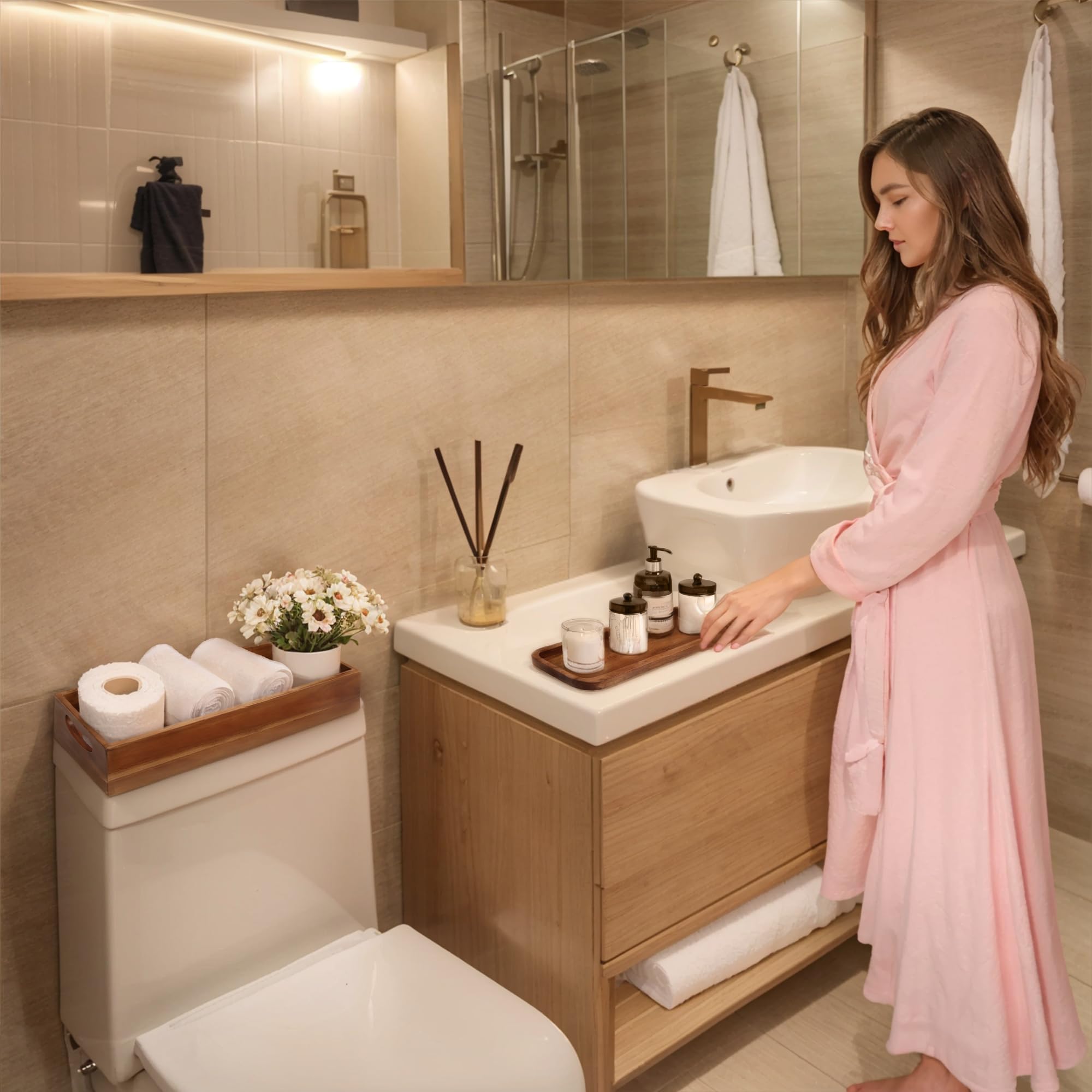 Handmade Toilet Tank Basket Topper & Vanity Tray Set Of Natural Acacia Wood By Demigo, Created By Skilled Artisans, Smooth, Dura