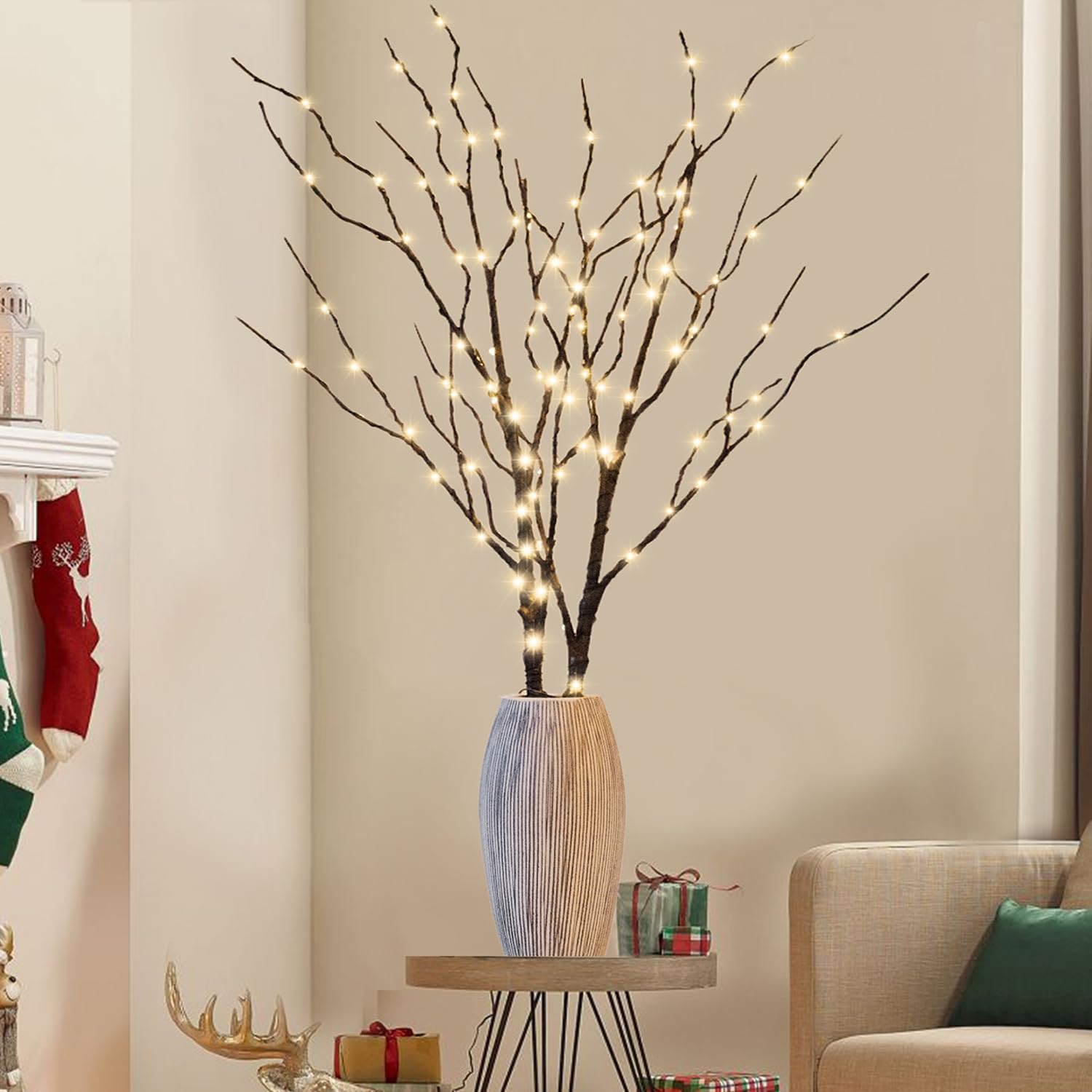 Lighted Christmas Tree Branches, 30IN 100LED Artificial Brown Twig Branch with Warm White Lights, Timer & Battery Operated, Wate