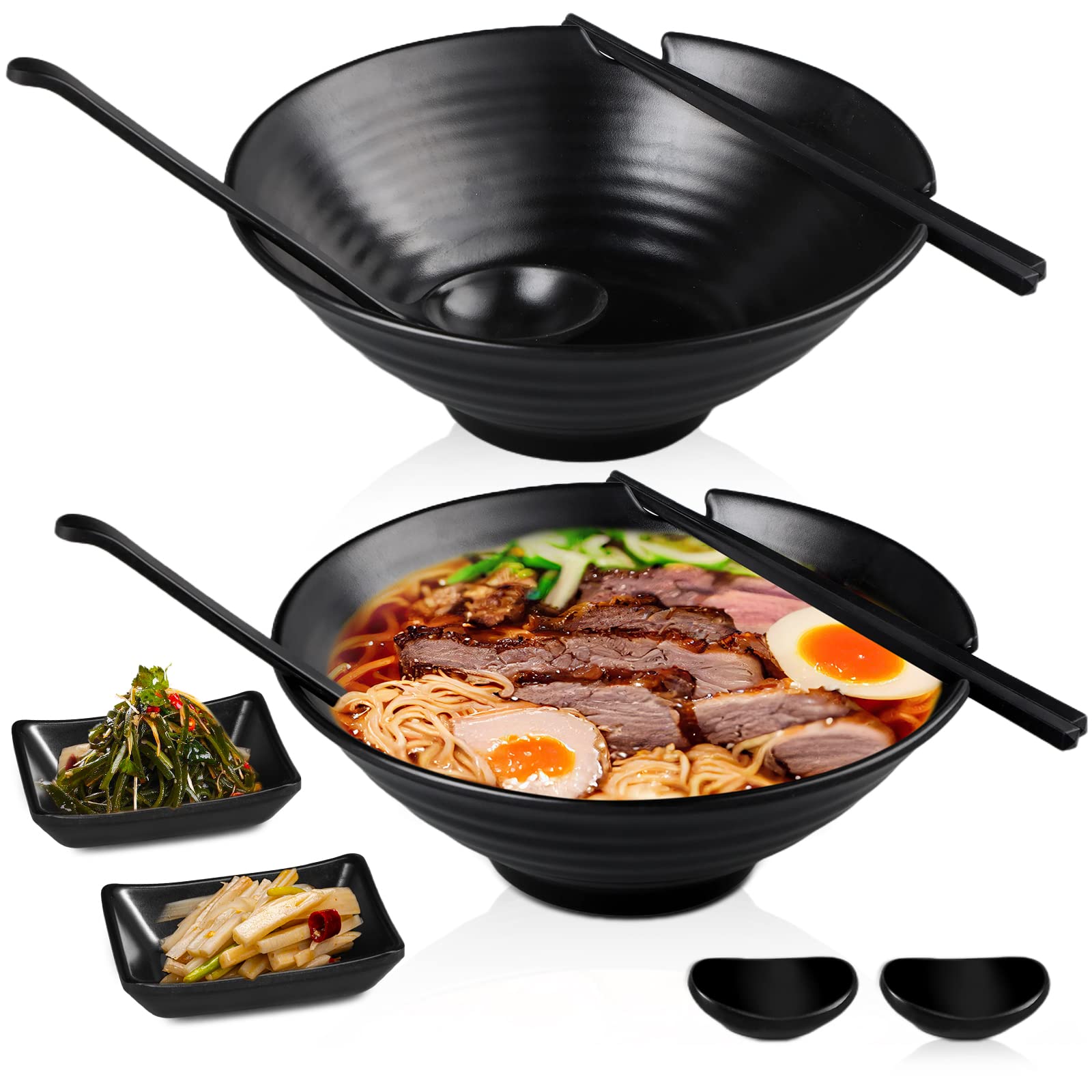 Sunnyray 2 Sets Japanese Ramen Bowl Set 37 oz Black Large Ramen Noodle Bowl Asian Chinese Korean Miso Soup Bowl with Spoons Chop