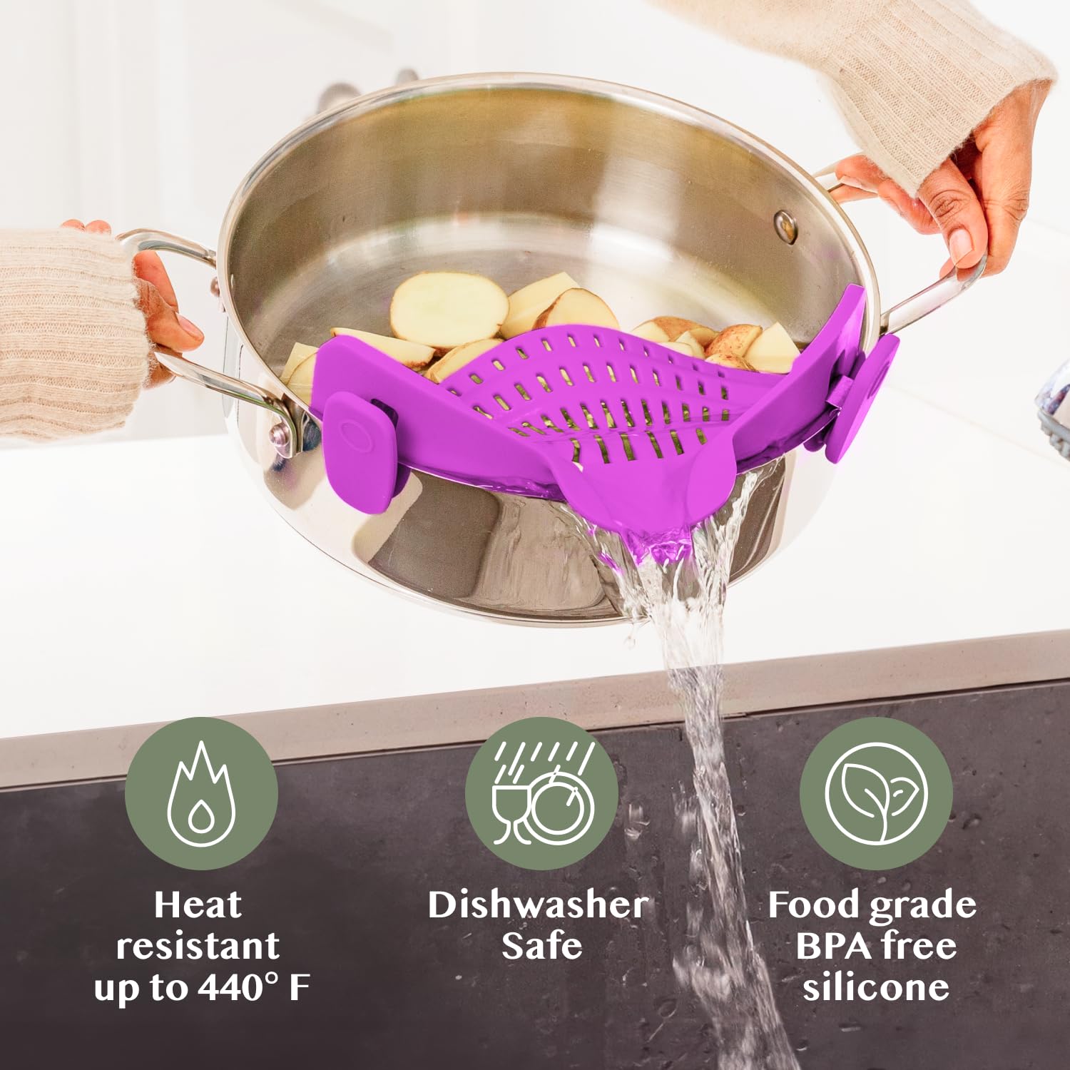 Kitchen Gizmo Snap N Strain Pot Strainer - Large Purple Silicone Colander, Model 2SYX