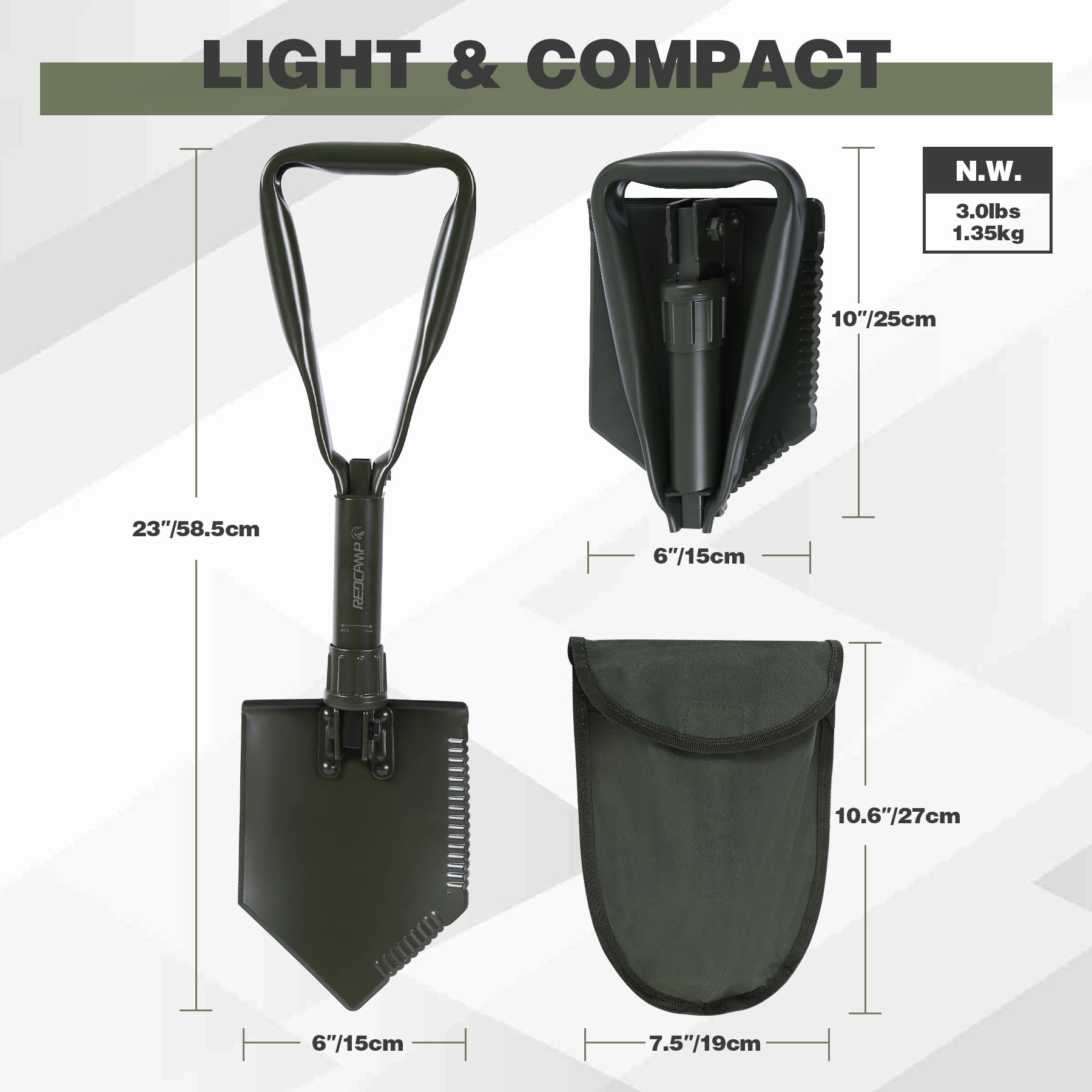 Redcamp 23 Military Folding Camping Shovel W/Cover,Heavy Duty Shovel With Manganese Steel,Tactical Entrenching Tool Tri-Fold H