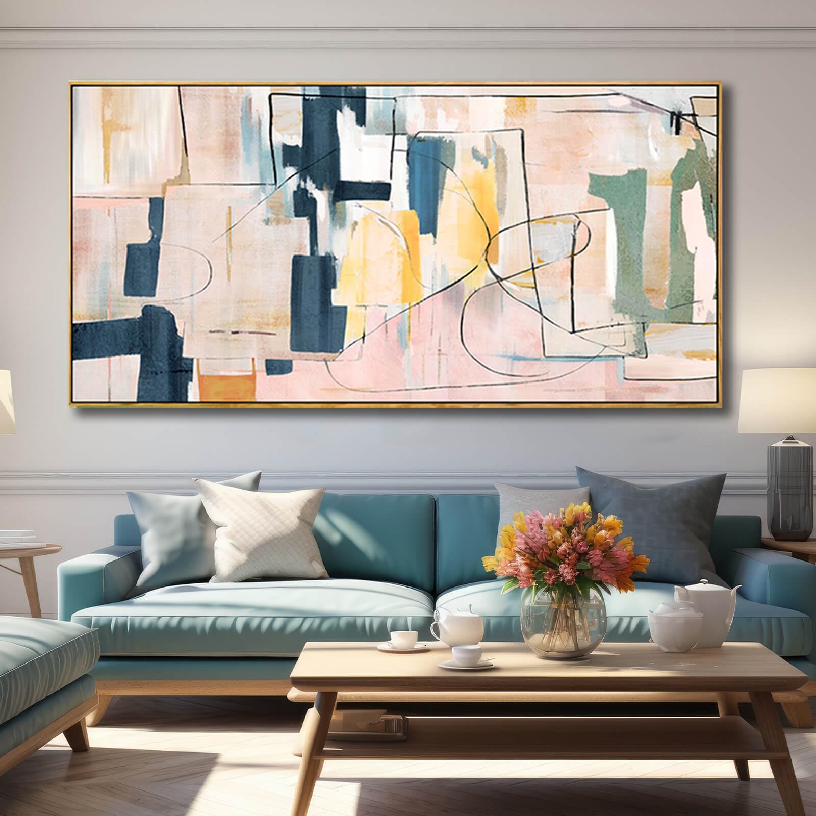 Pink Abstract Painting Large Wall Art Living Room Decor Blue Canvas Print Line Artwork Home Office Decoration 30X60 Inch