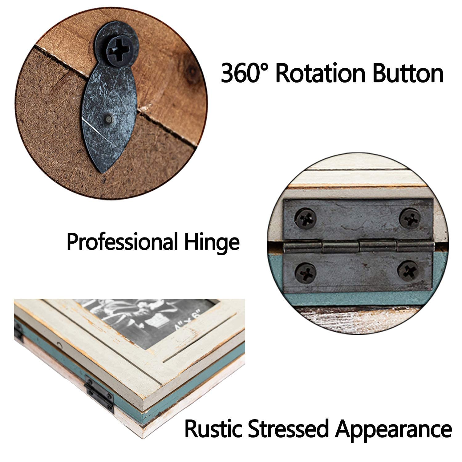 RiteSune Rustic 3 Picture Frame 4X6 Triple Hinged Distressed Photo Frame for Tabletop Display, Picture College Frame Present for