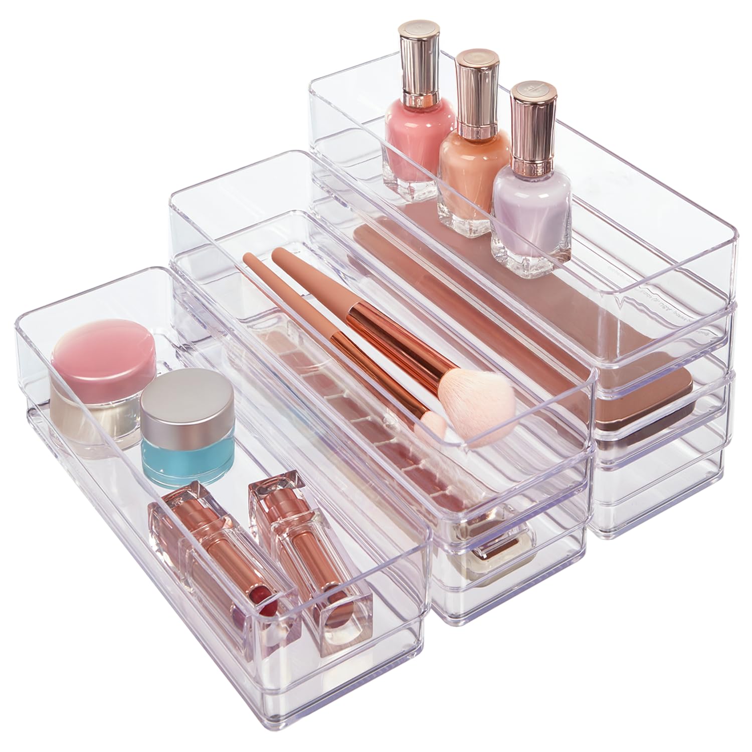 STORi SimpleSort 6-Piece Stackable Clear Drawer Organizer Set | 9 '' x 3 '' x 2 '' Rectangle Trays | Narrow Makeup Vanity Storag