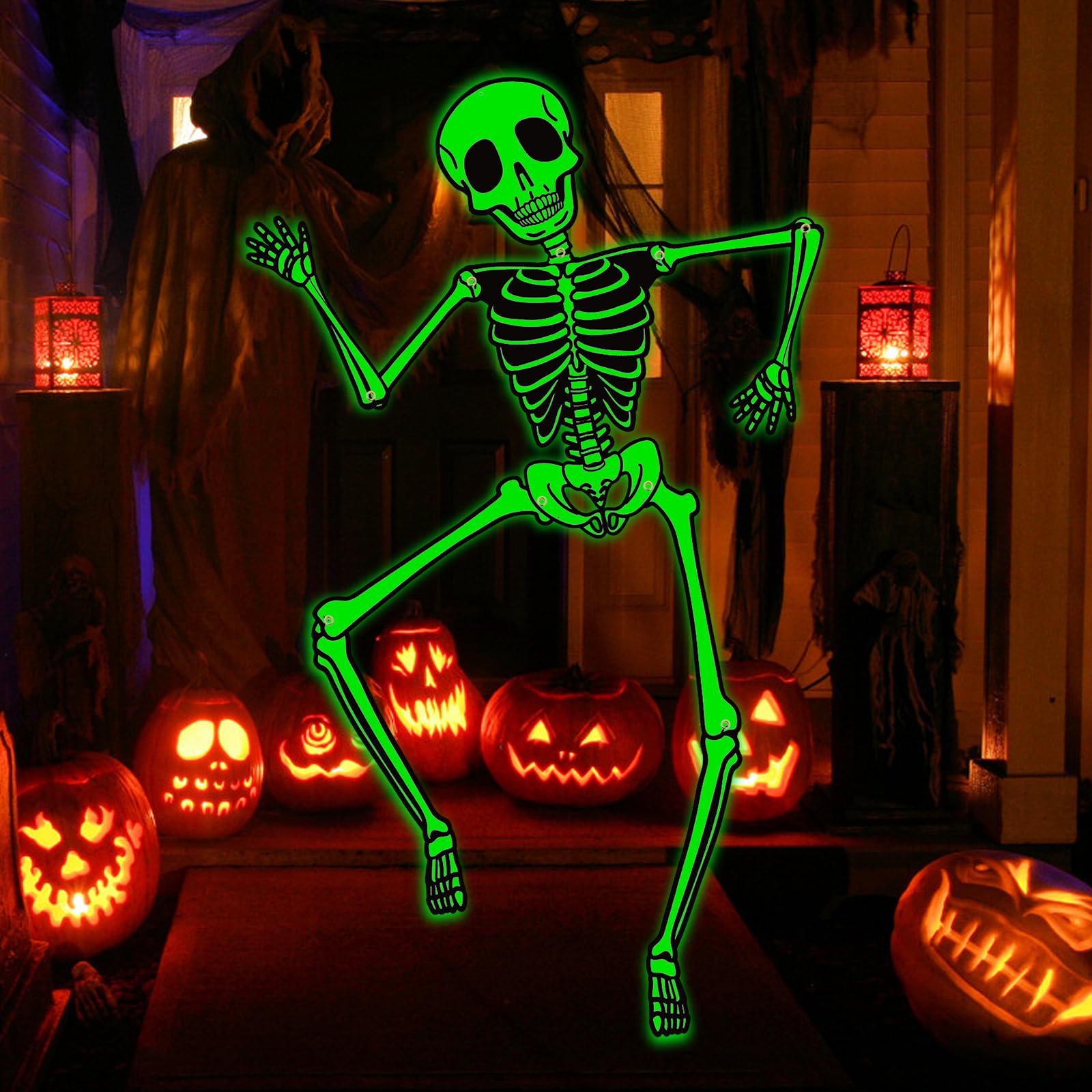 KALEFO Halloween Door Decorations Glow in The Dark Skeleton Party Supplies Skull Hanging Ornaments Outdoor Yard Garden Sign Hang