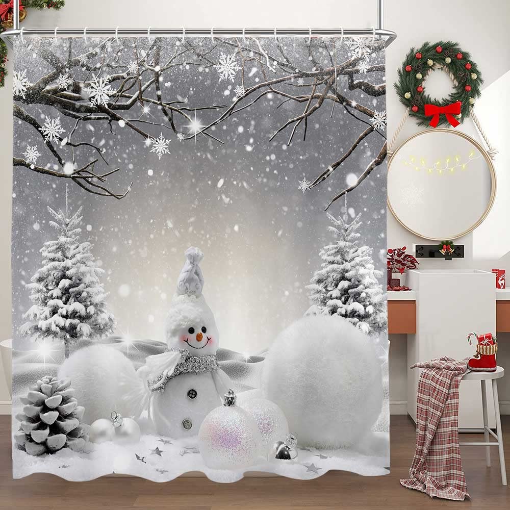 Veigike Christmas Snowman Shower Curtain, Grey Winter Snowflake Holiday Xmas Fabric Shower Curtains Set For Bathroom, Cute Gray