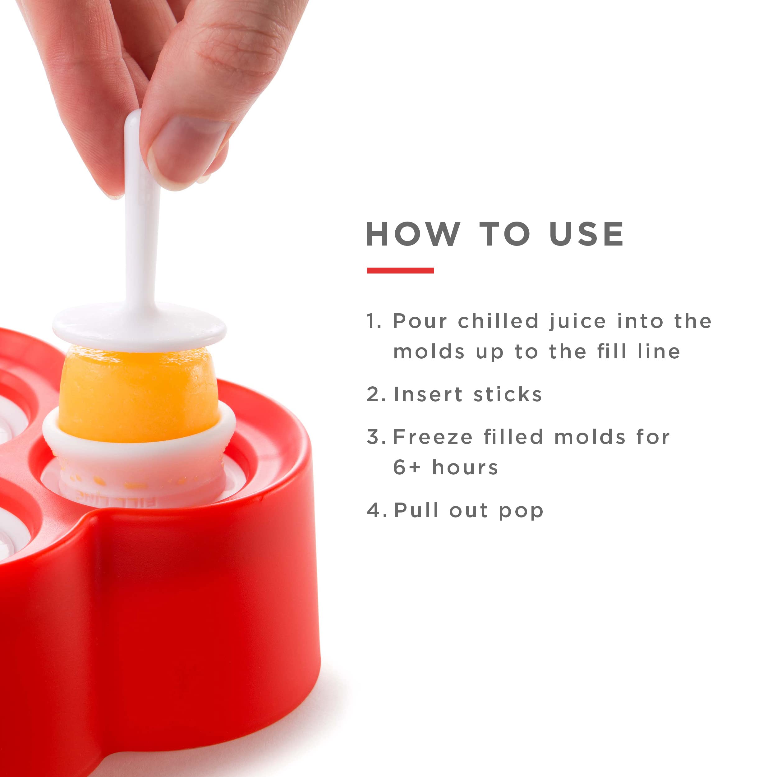 ZOKU Mini Pop Molds - 9 BPA-free Silicone Popsicle Molds with Sticks & Drip Guards, Easy-Release, Red, Model ZK115