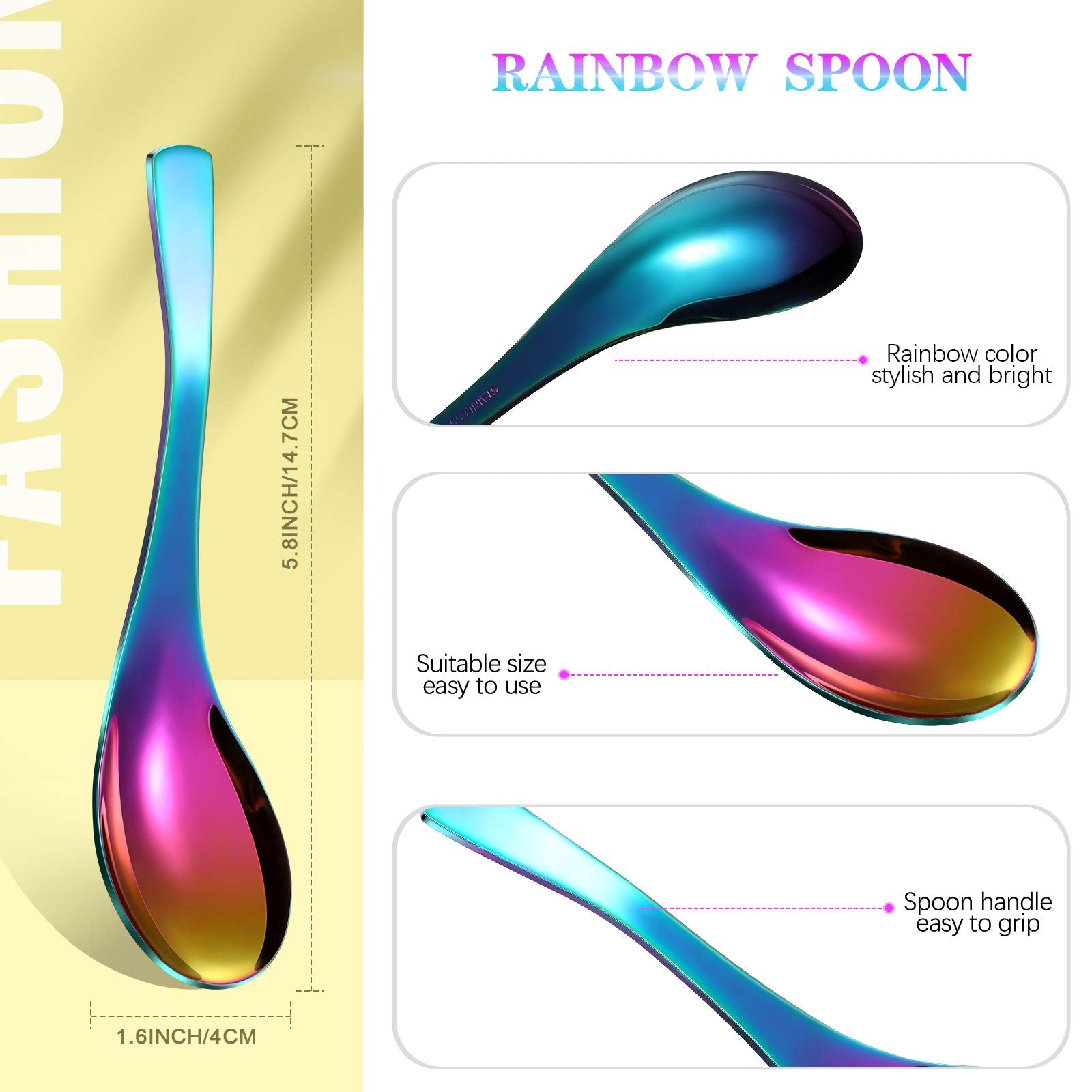 6 Pieces Rainbow Soup Spoon Colorful Stainless Steel Spoon Mirror Finish Spoons Kitchen Serving Spoons For Soup Rice Tea Milk Co