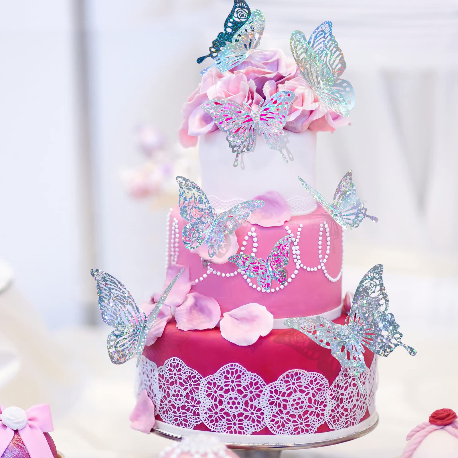 60 Pcs 3D Sequined Silver Butterfly Wall Decor, 5 Styles 3 Sizes,Butterfly Cake Birthday Party Baby Shower Decorations Iridescen