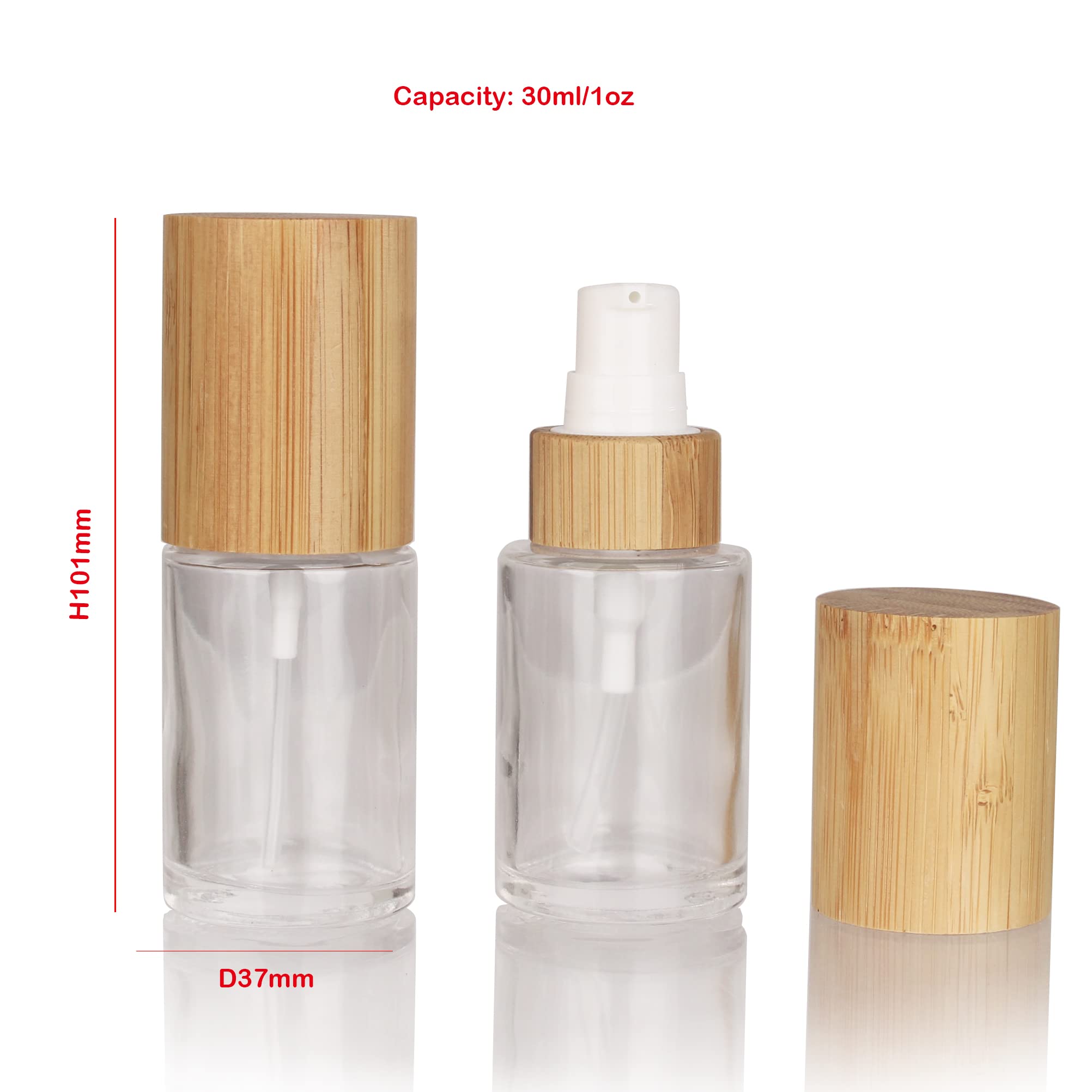 Cosidea 6 Pcs Empty 1Oz / 30Ml Bamboo Lids Clear Glass Bottle With Lotion Pump Dispenser, Refillable Emulsion Cosmetic Cream Bot