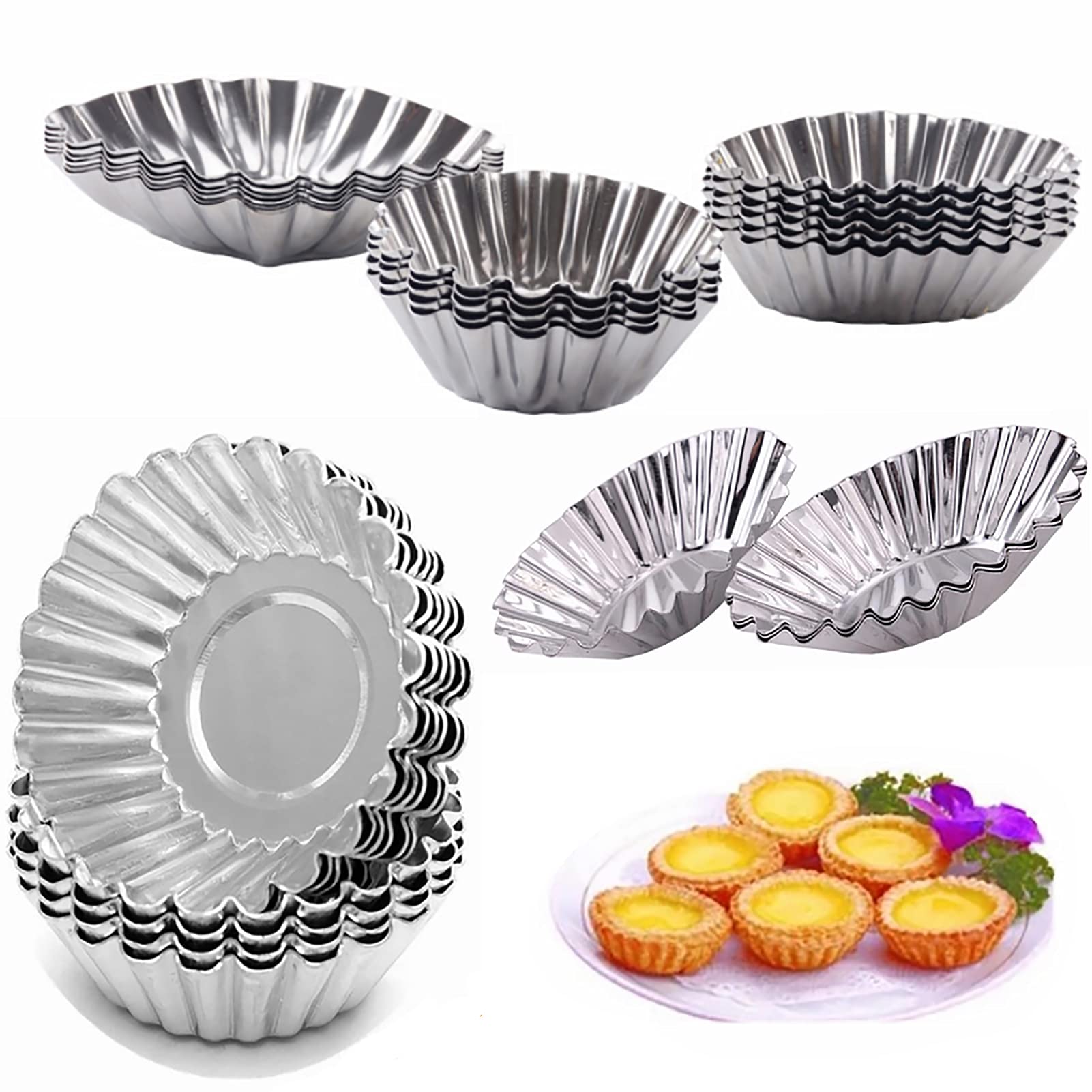 Uptuoli Egg Tart Molds,Mini Tart Pans,10Pcs Stainless Steel Egg Tart Mold Cupcake Pie Cookie Pudding Mould Baking Cups,Bakeware