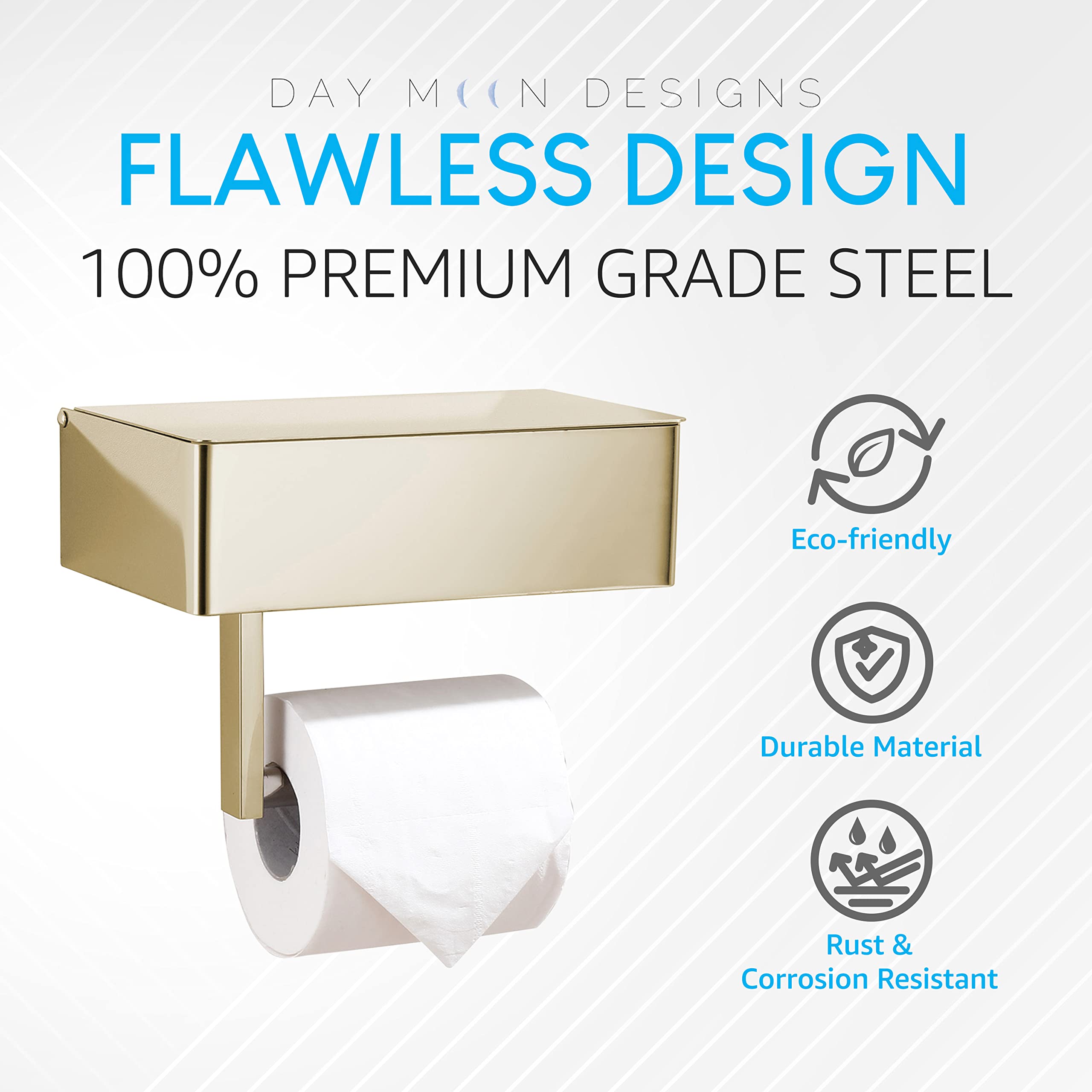 Day Moon Designs Brushed Gold Toilet Paper Holder with Shelf - Wipe Holder for Bathroom  Flushable Wipes Dispenser - Toilet Paper and Wipes Holder - Toilet Paper Holder with Storage  Tampon Holder
