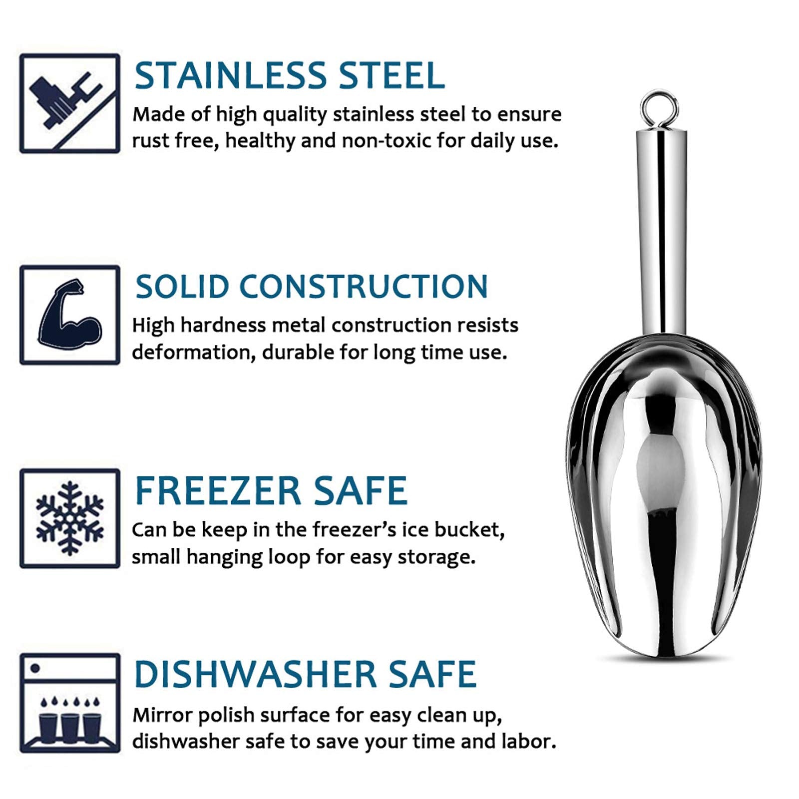 E-Far 6 Ounce Ice Scoop Set Of 2, Small Stainless Steel Scoops For Ice Cube/Candy/Flour/Sugar, Metal Utility Scoops For Canister