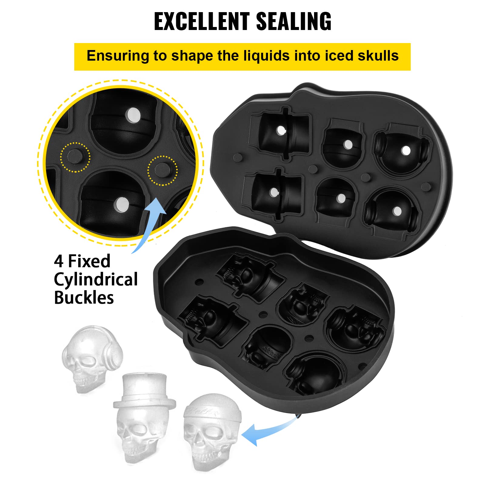 Vevor Skull Ice Cube Tray, 6-Grid Skull Ice Ball Maker, Flexible Black Silicone Ice Tray With Lid & Funnel, Skull Ice Cubes In 3