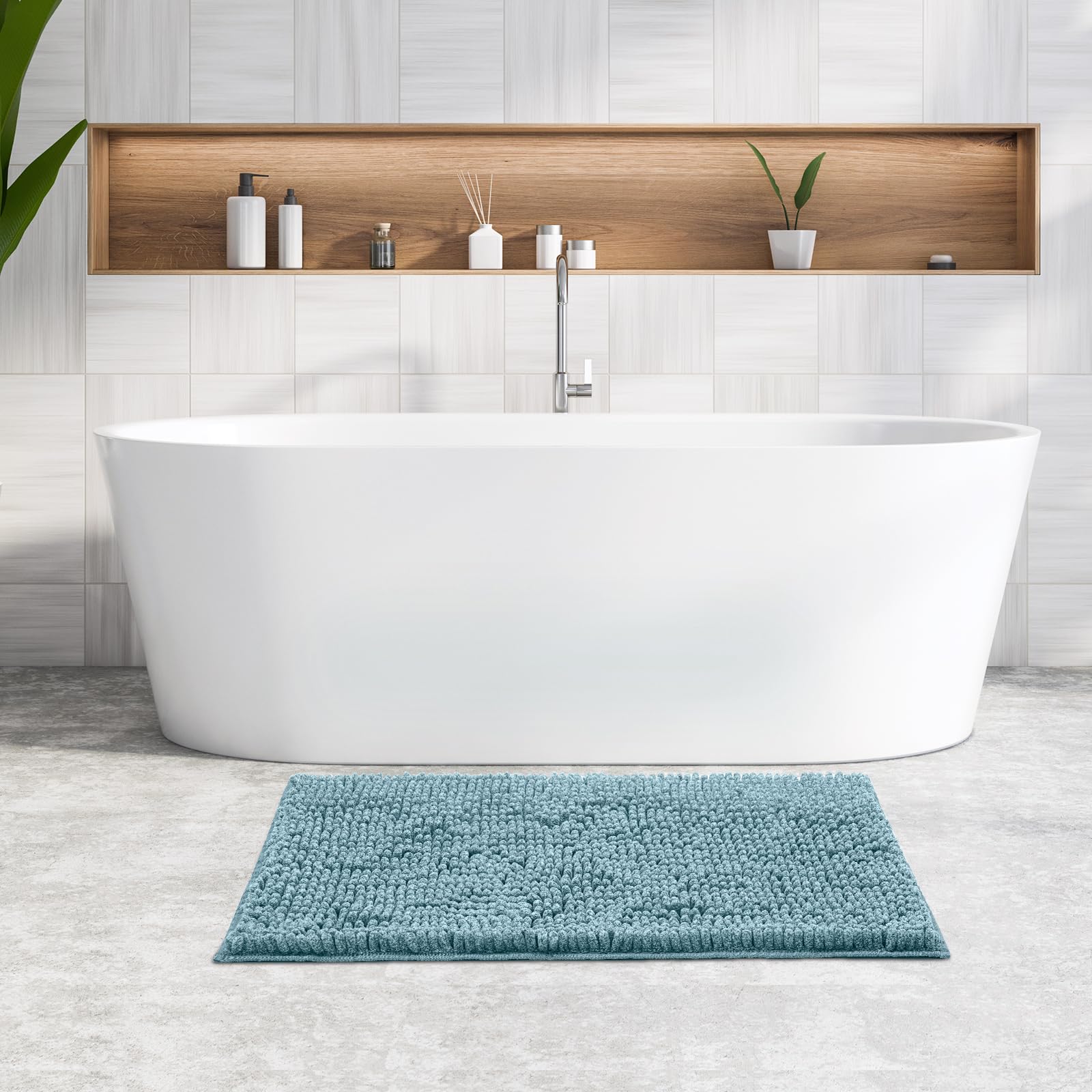 Freshmint Chenille Bath Mat, 36'X24', Aqua Heather, Non-Slip, Soft, Ultra Absorbent, Machine Washable, Bathroom