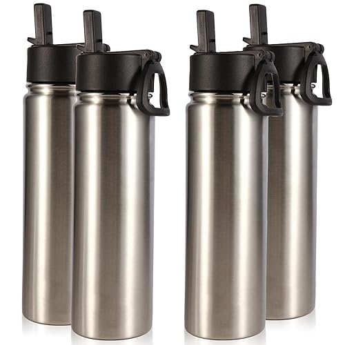 Volhoply Insulated Water Bottles with Straw Bulk 4 Pack  22 oz Stainless Steel Sports Bottle with Handle Lid  Double Walled Vacuum Travel Water Thermos with Wide Mouth for School Hiking(Silver 4 Set)
