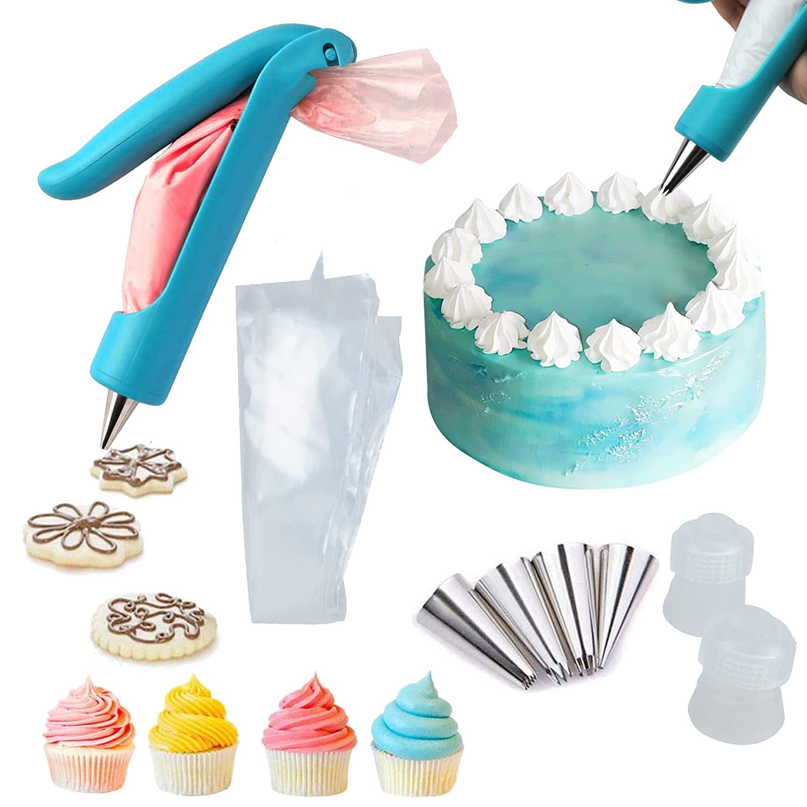 Pastry Diy Cake Decorating Pen, Hsxxf Icing Piping Tool Kit With 4 Different-Shaped Nibs, 4 Nozzles Decorative Bag, 2 Coupler Fo