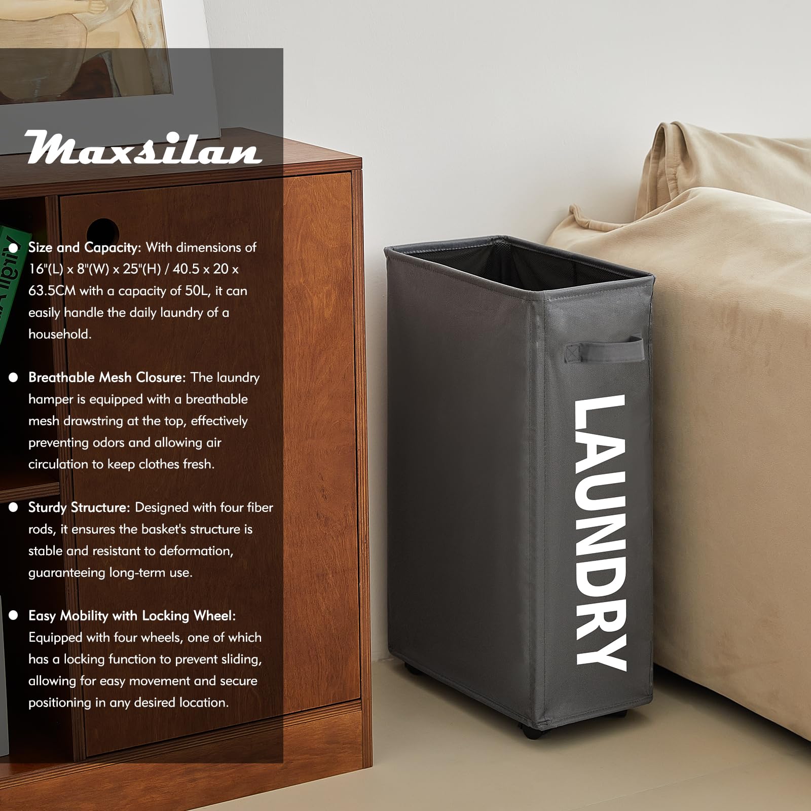 Maxsilan 25'' Slim Rolling Laundry Basket On Wheels, 50L Collapsible Narrow Corner Laundry Hamper, Foldable Storage Bins, Grey
