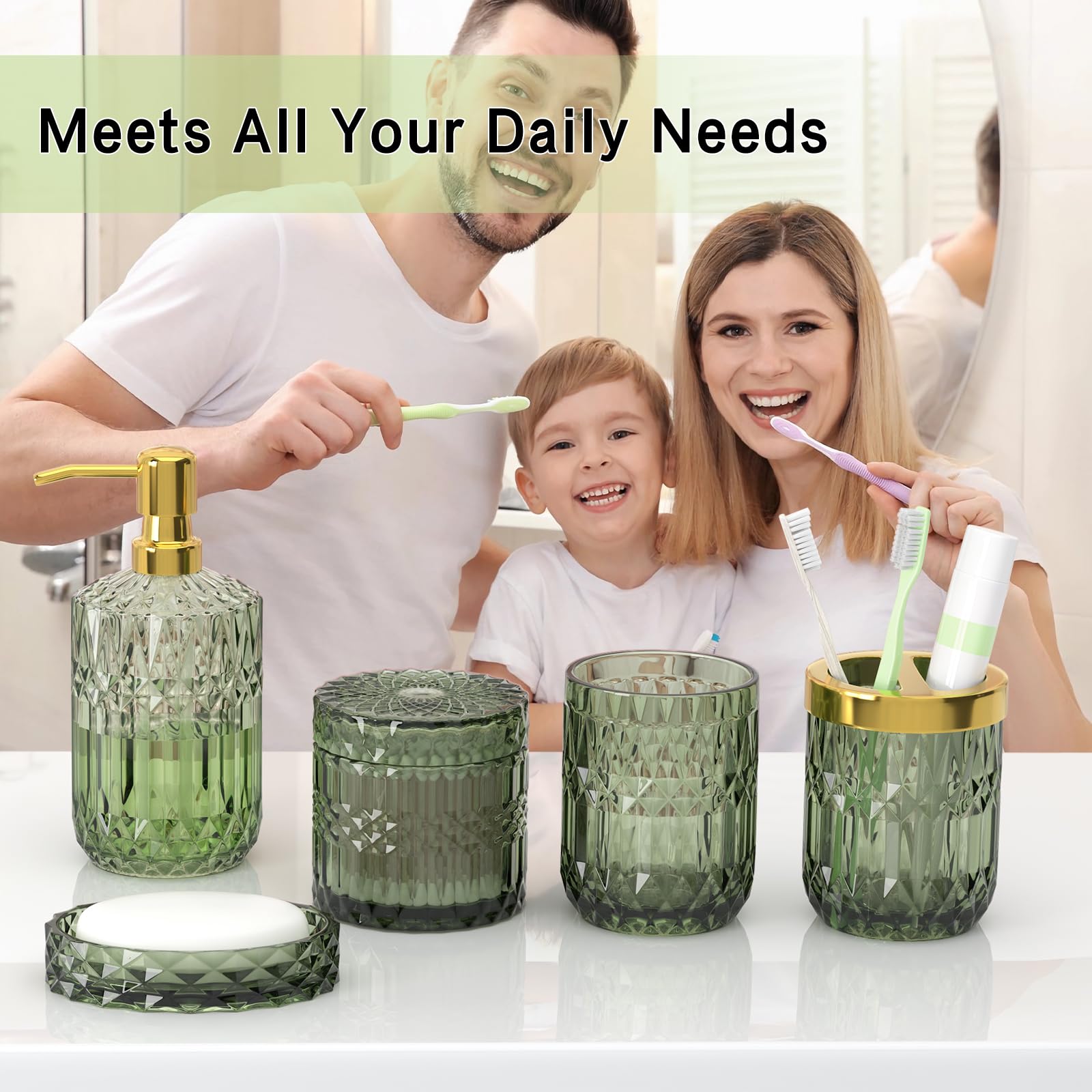 Green Bathroom Accessories Set, 5 Pcs Clear Glass Bathroom Accessories Sets With Lotion Soap Dispenser, Soap Dish, Toothbrush Ho