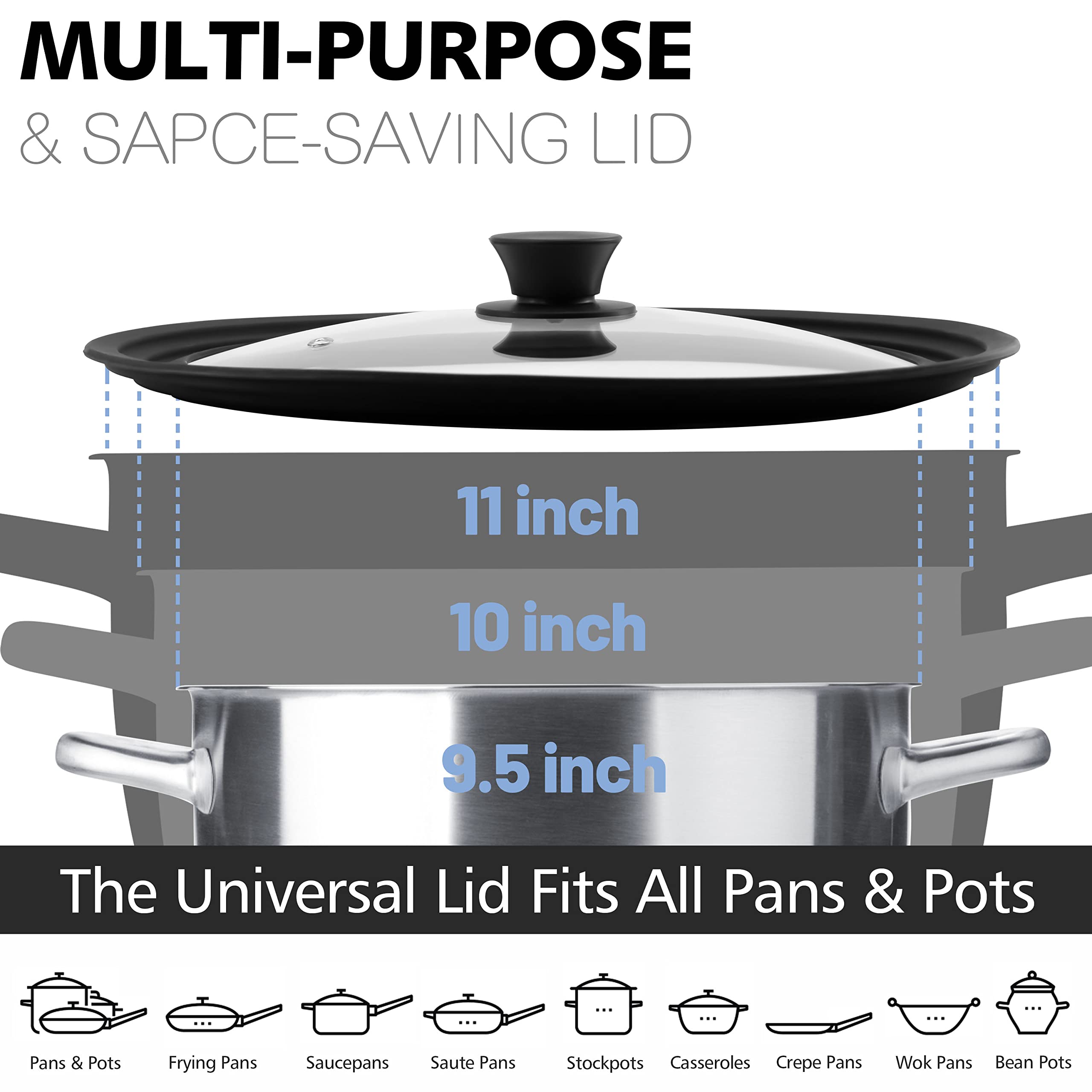 Anaeat Silicone Universal Lid For Pots, Pans And Skillets - Tempered Glass Covered With Heat Resistant Silicone Rim Fits 95, 10