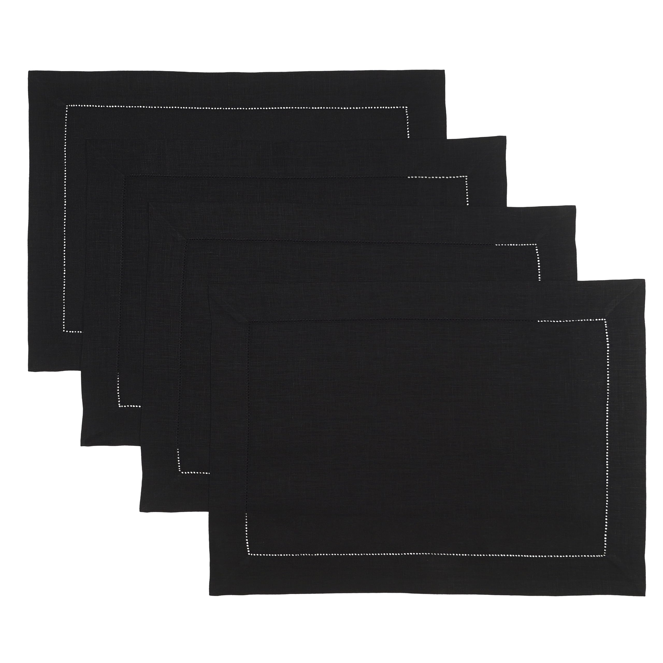 D'Moksha Homes Linen Placemats Set Of 4-100% Pure Linen Black Placemats 14 X 19 Inch - Classic Hemstitch, Washable Black Placema