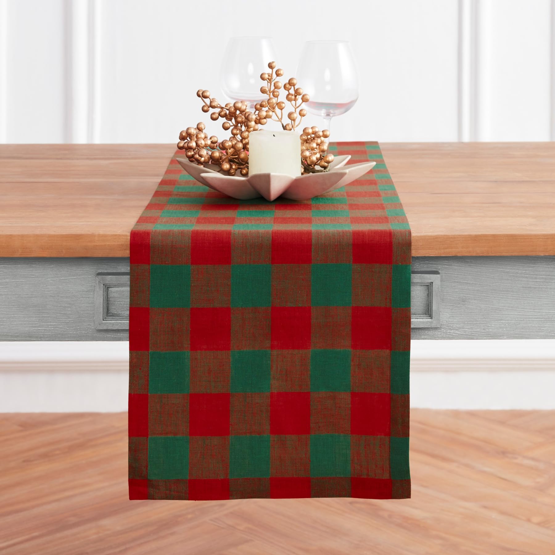 Solino Home Linen Check Table Runner 120 Inches Long - 100% Pure Linen Red And Green Buffalo Plaid Table Runner 14 X 120 Inch -