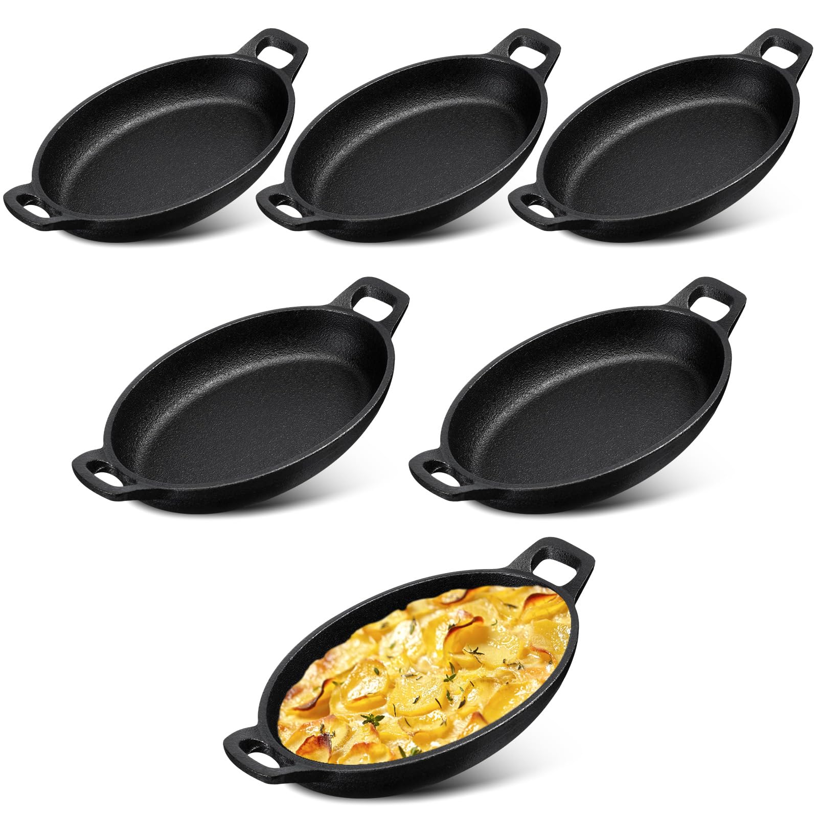 Mifoci 6 Pcs 16 Oz 8.7'' X 4.7'' Oval Serving Dish Mini Cast Iron Skillet Cast Iron Baking Pan Sizzling Plate Matte Black Gratin