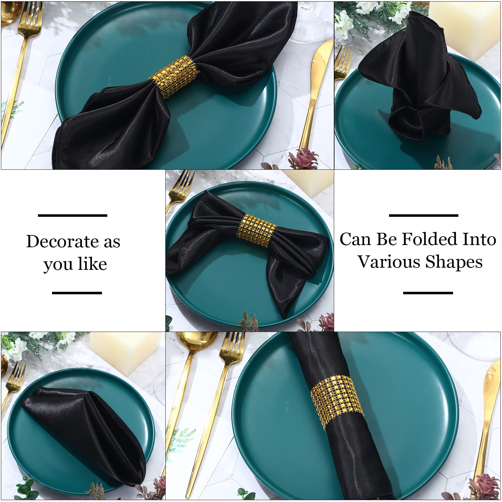 100 Pack Satin Black Napkins With Gold Rings 17 X 17 Inch Black Cloth Napkins Bulk Washable Soft Reusable Dinner Supplies For Va