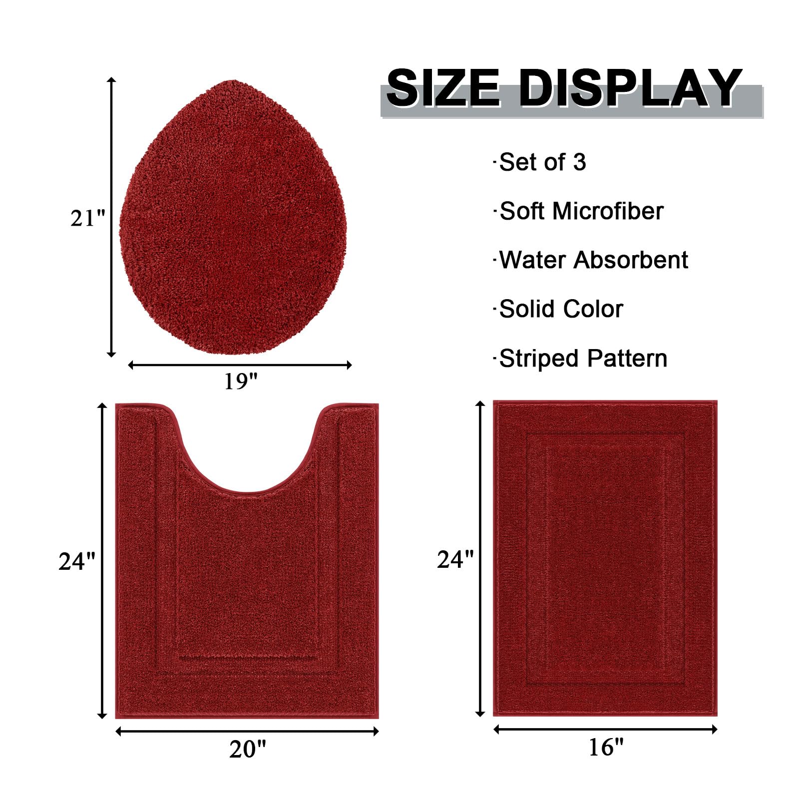 Shacos Bathroom Rugs Sets 3 Piece With Toilet Lid Cover, Non Slip Absorbent Small Bath Mats 16''X24'' U Shape Contour Mat Soft M