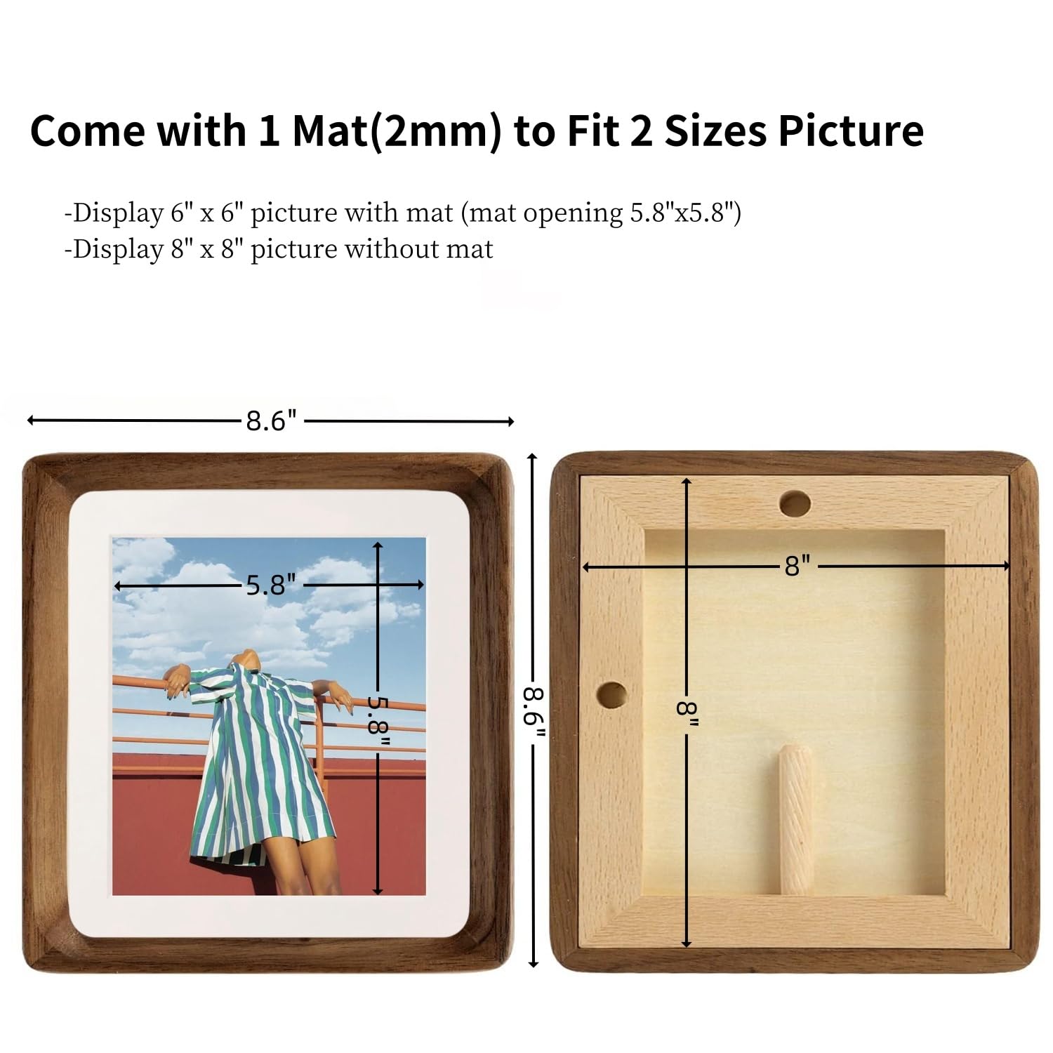 FLECHAZO 8x8 Picture Frames, Natural Walnut Wood 8x8 Frame with Mat for Pictures 6x6, Square Wall Gallery Photo Frame for Wall M