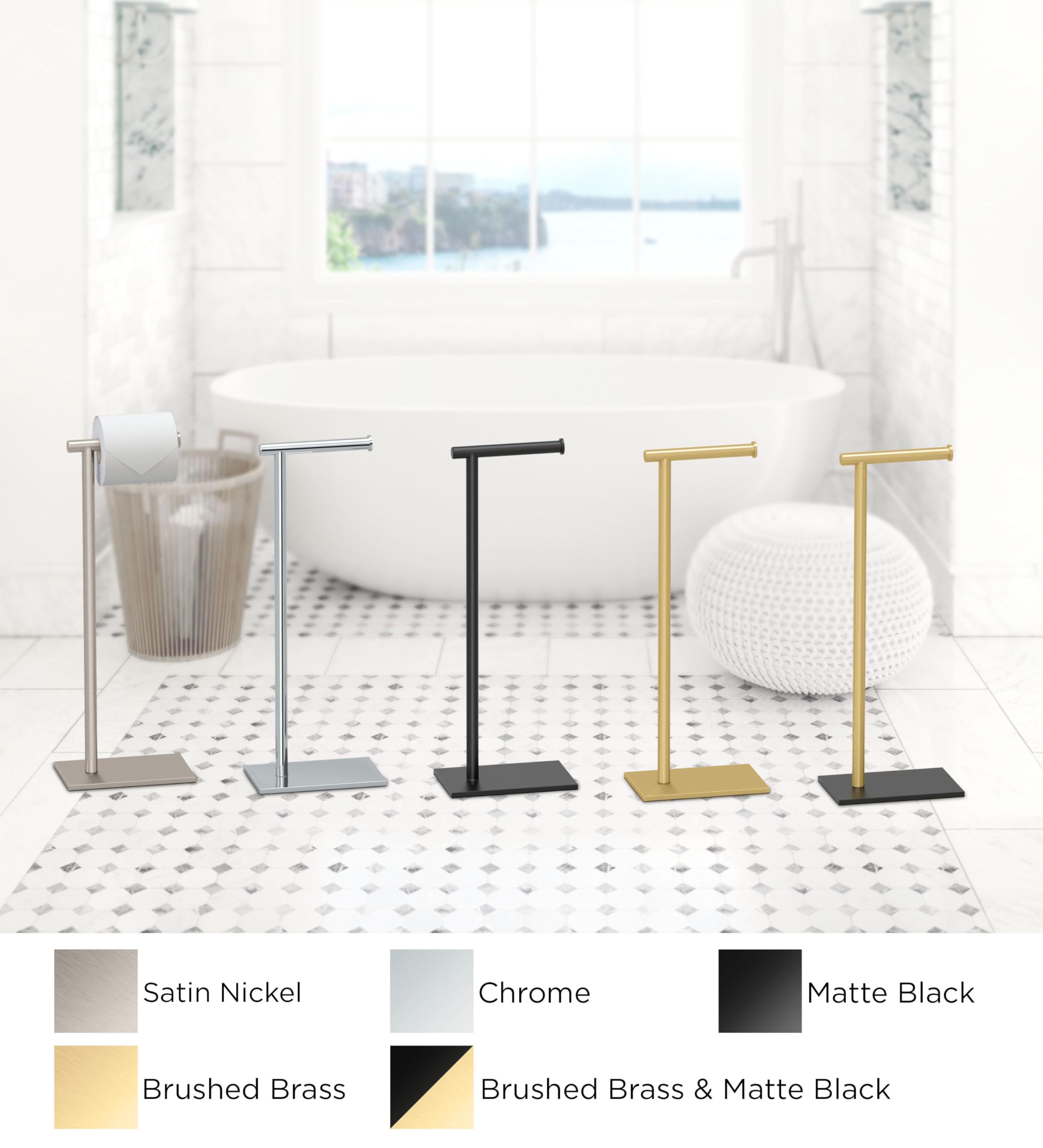 Gatco 1431B, Modern Rectangle Base Freestanding Toilet Paper Holder, 22.25   , Brushed Brass/Free Standing Toilet Tissue Holder