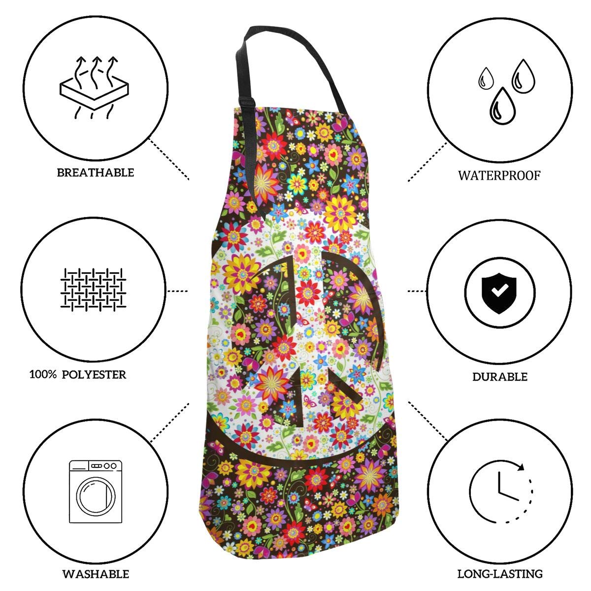 Abucaky Hippie Peace Sign Waterproof Apron For Adults Colorful Flowers Chef Bib With Roomy Pockets For Kitchen Bbq Crafting Draw