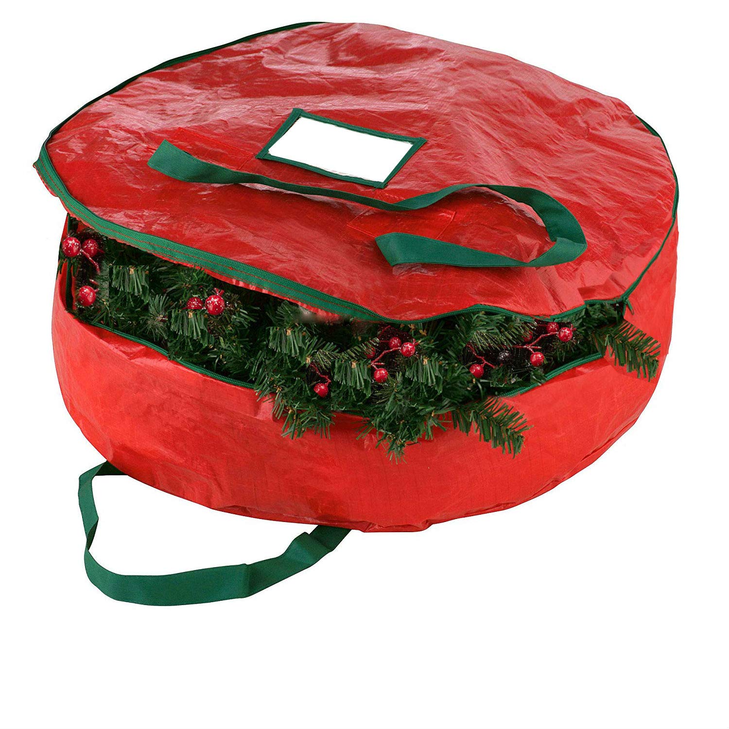 Christmas Wreath Storage Bag 30-Tear Resistant Zippered Bag with Reinforced Handles -30 x 30 x 8 (Red)